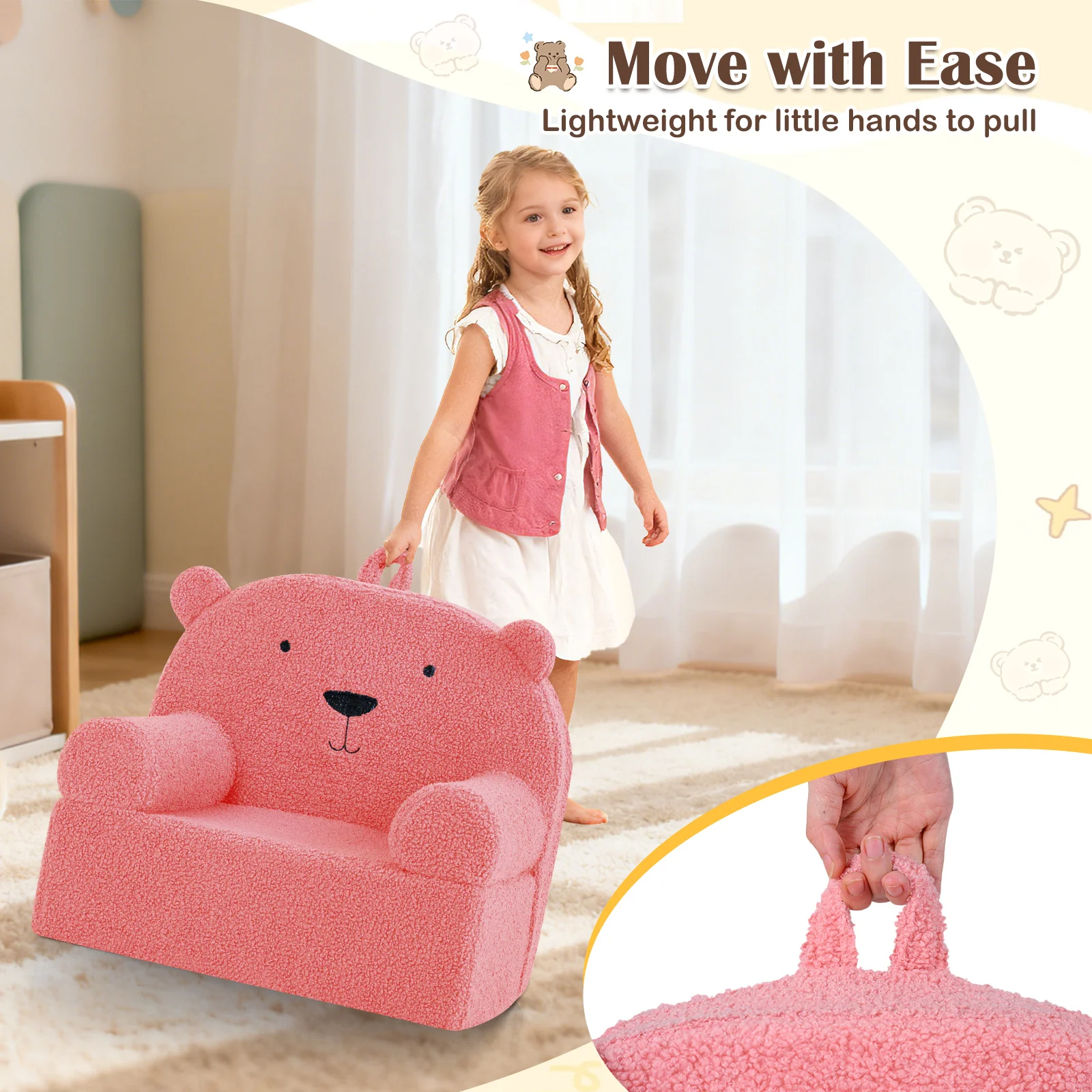 Kids Bear Sofa, Toddler Foam Couch, Soft Fleece Fabric Cover, Pink - Image 8
