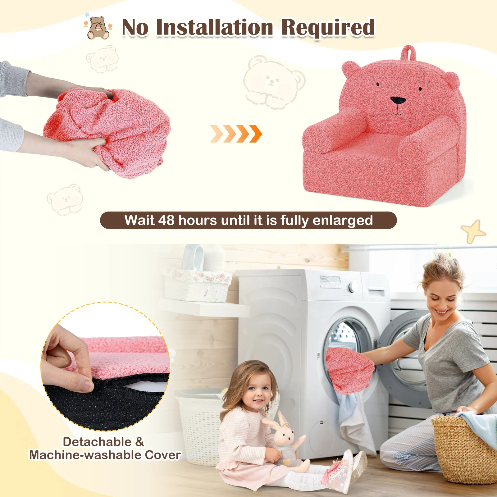 Kids Bear Sofa, Toddler Foam Couch, Soft Fleece Fabric Cover, Pink - Image 9