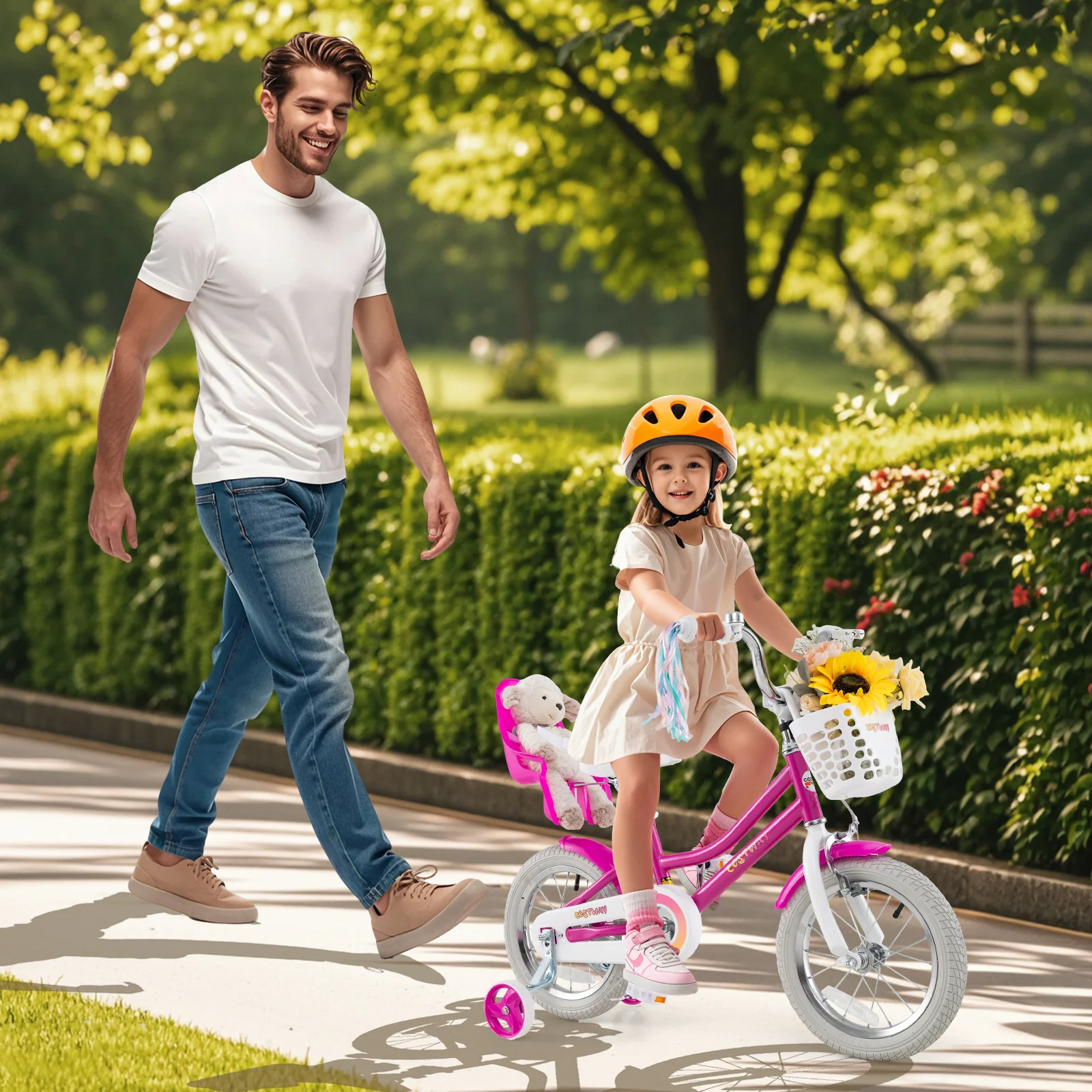 Kids Bike 12 Inch, Training Wheels, 2 Brake System, Rose Red - Image 2
