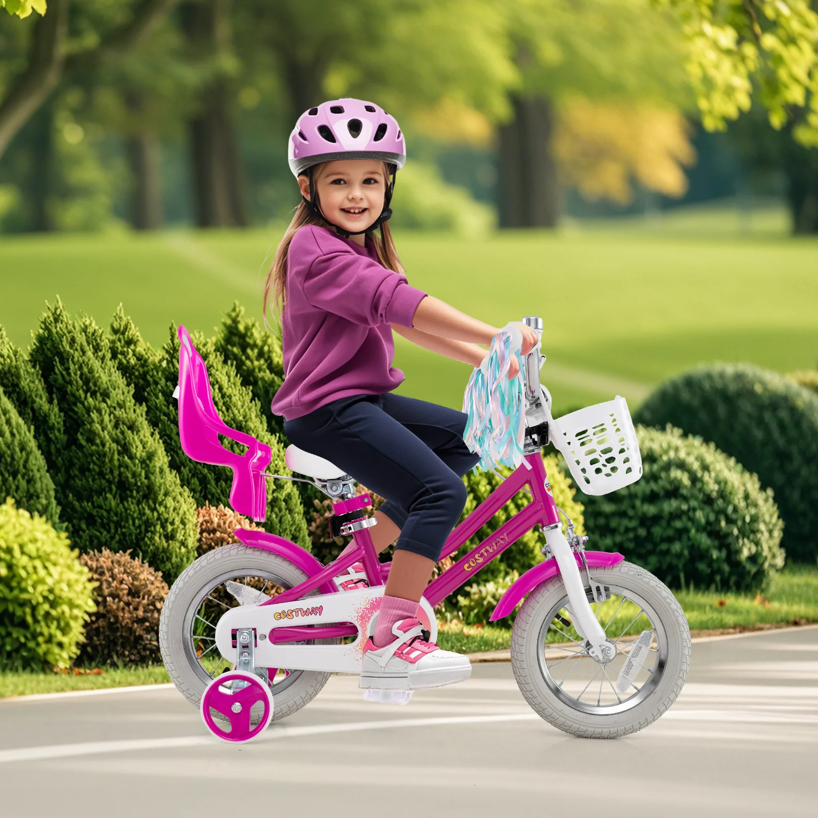 Kids Bike 12 Inch, Training Wheels, 2 Brake System, Rose Red - Image 3