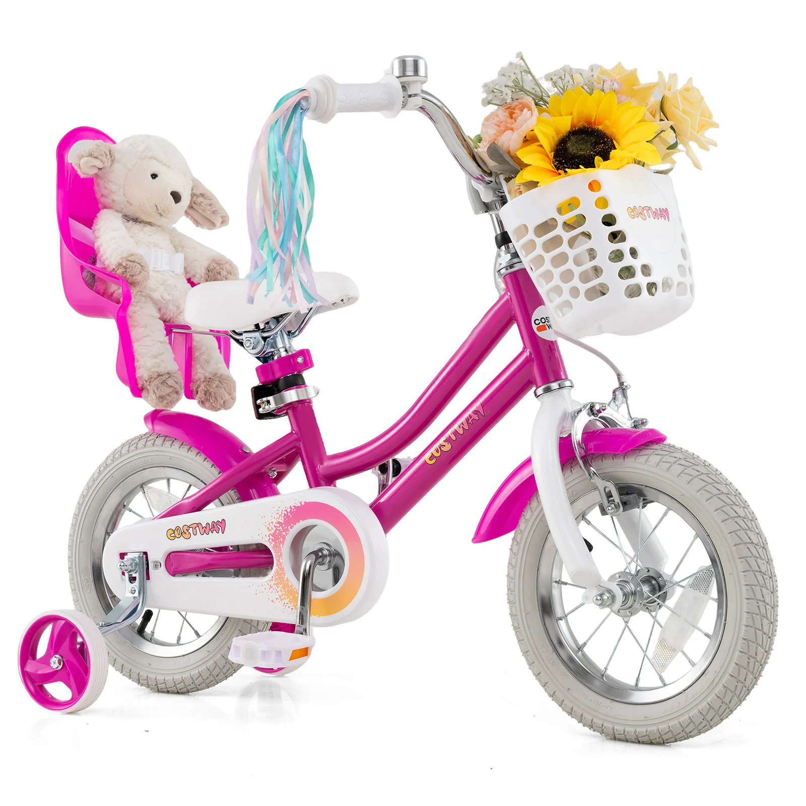 Kids Bike 12 Inch, Training Wheels, 2 Brake System, Rose Red - Image 4