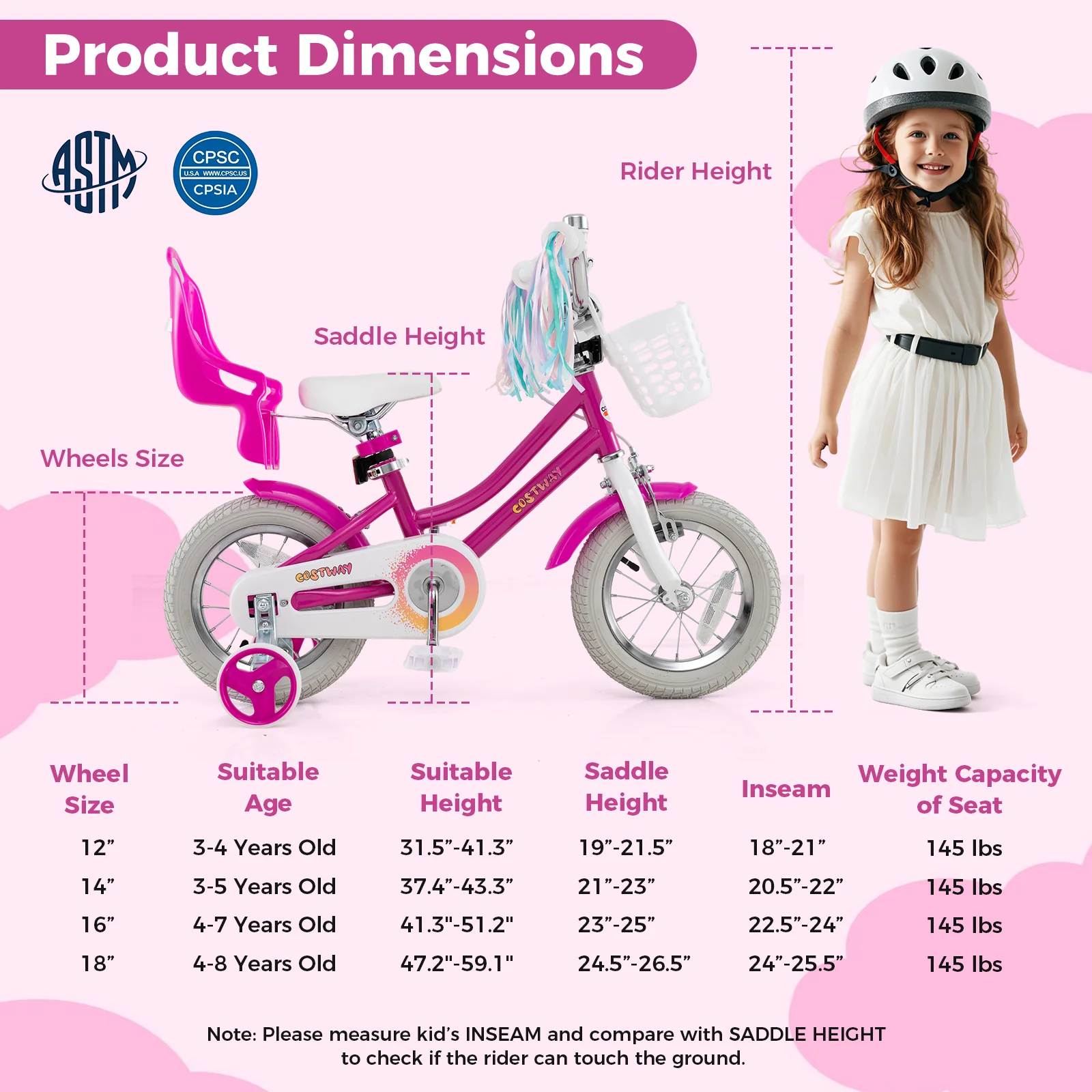 Kids Bike 12 Inch, Training Wheels, 2 Brake System, Rose Red - Image 5