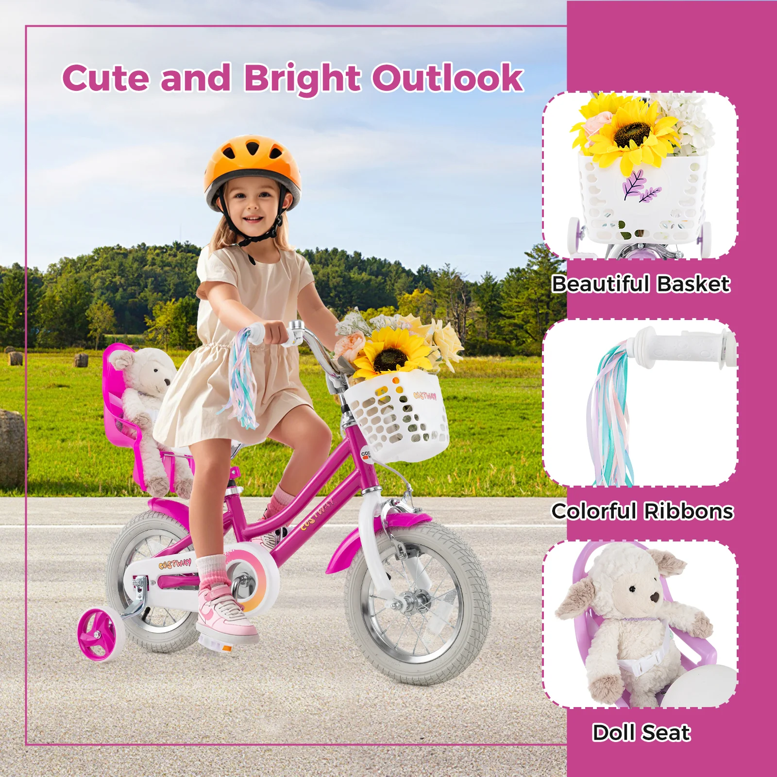 Kids Bike 12 Inch, Training Wheels, 2 Brake System, Rose Red - Image 6