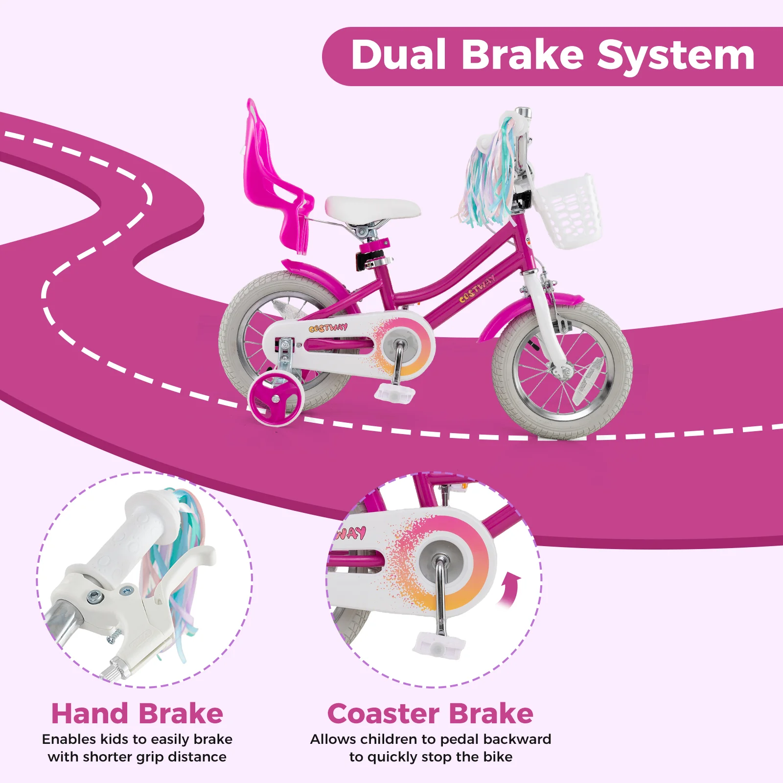Kids Bike 12 Inch, Training Wheels, 2 Brake System, Rose Red - Image 7
