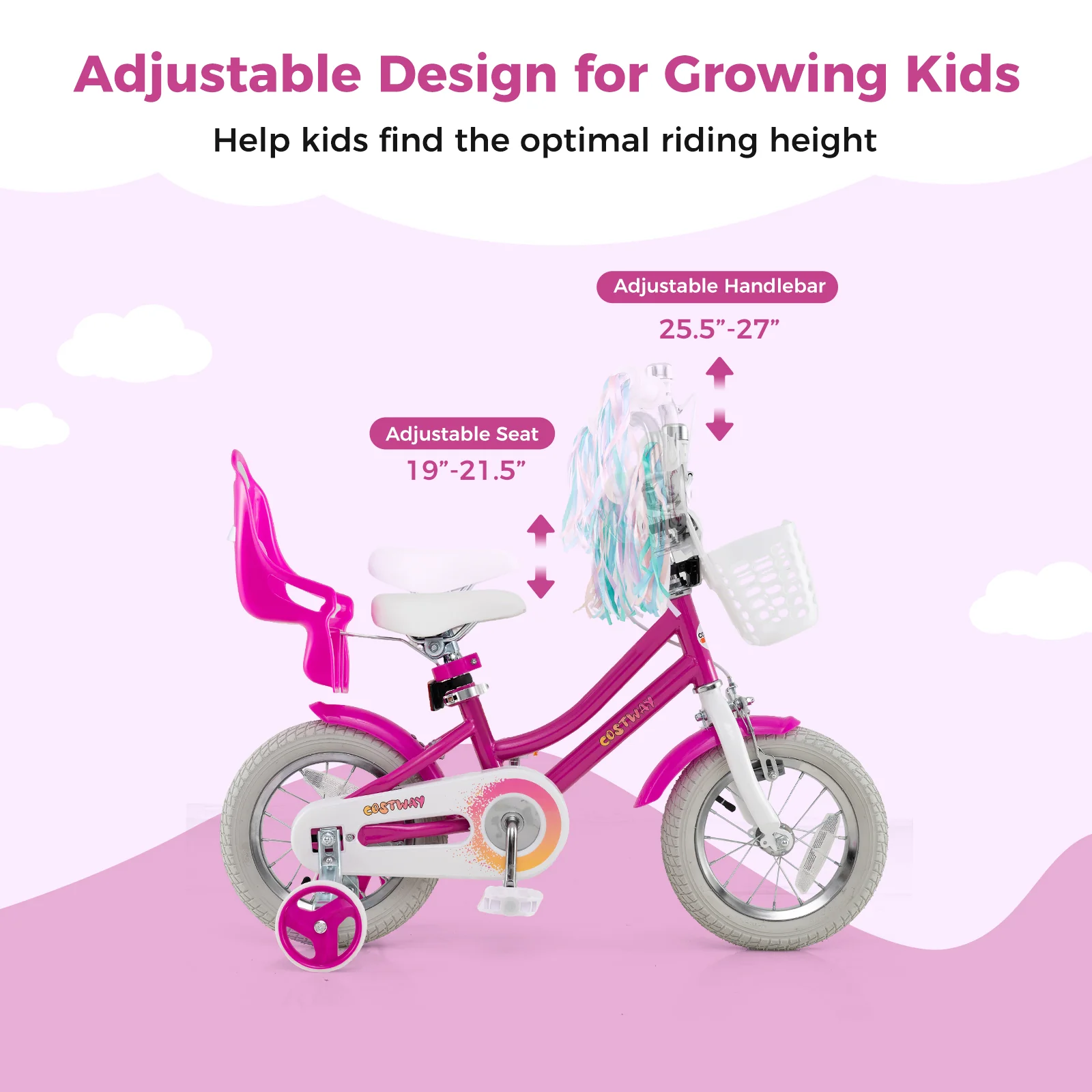 Kids Bike 12 Inch, Training Wheels, 2 Brake System, Rose Red - Image 8