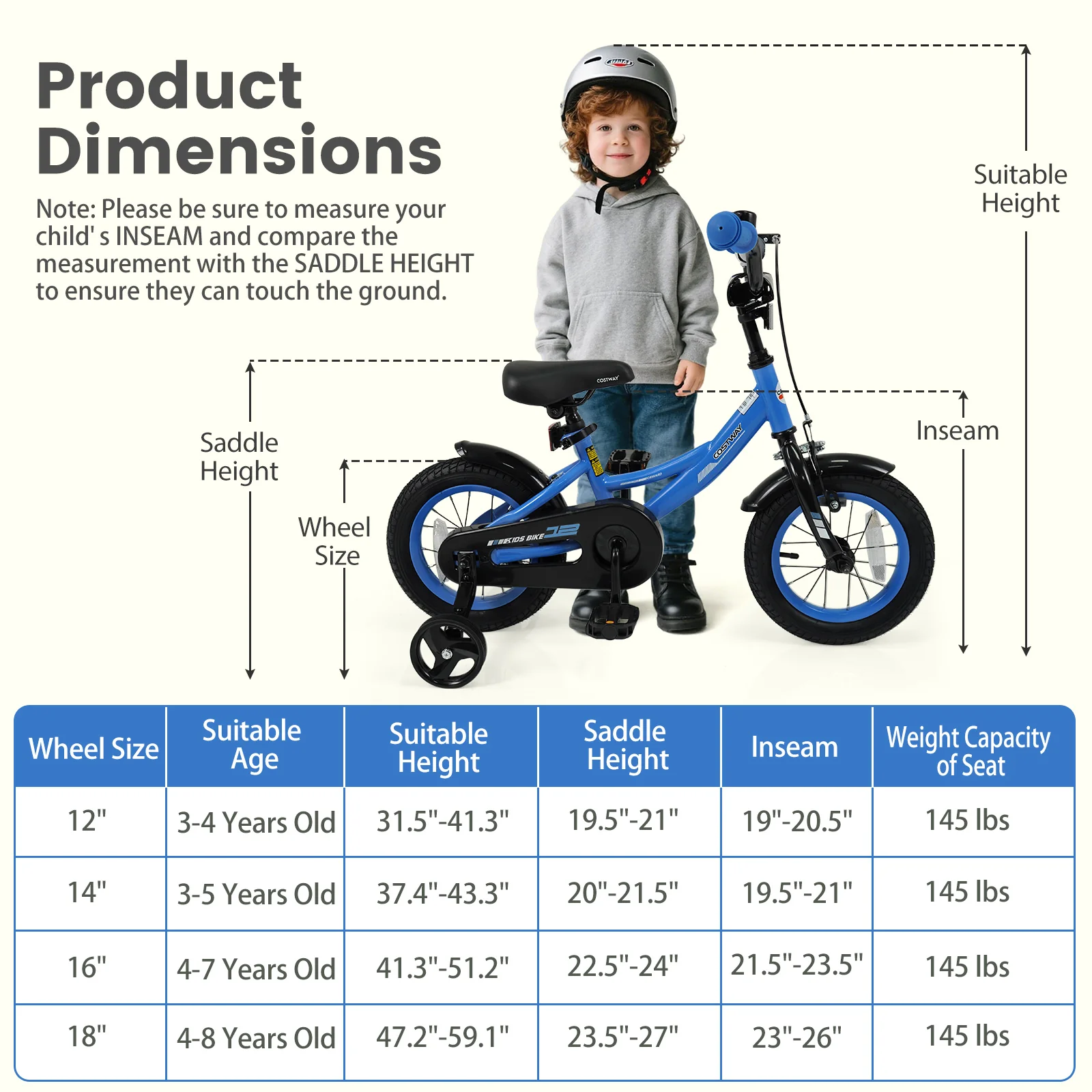 Kids Bike, 12 Inches, Removable Training Wheels, Adjustable Seat, Navy - Image 5