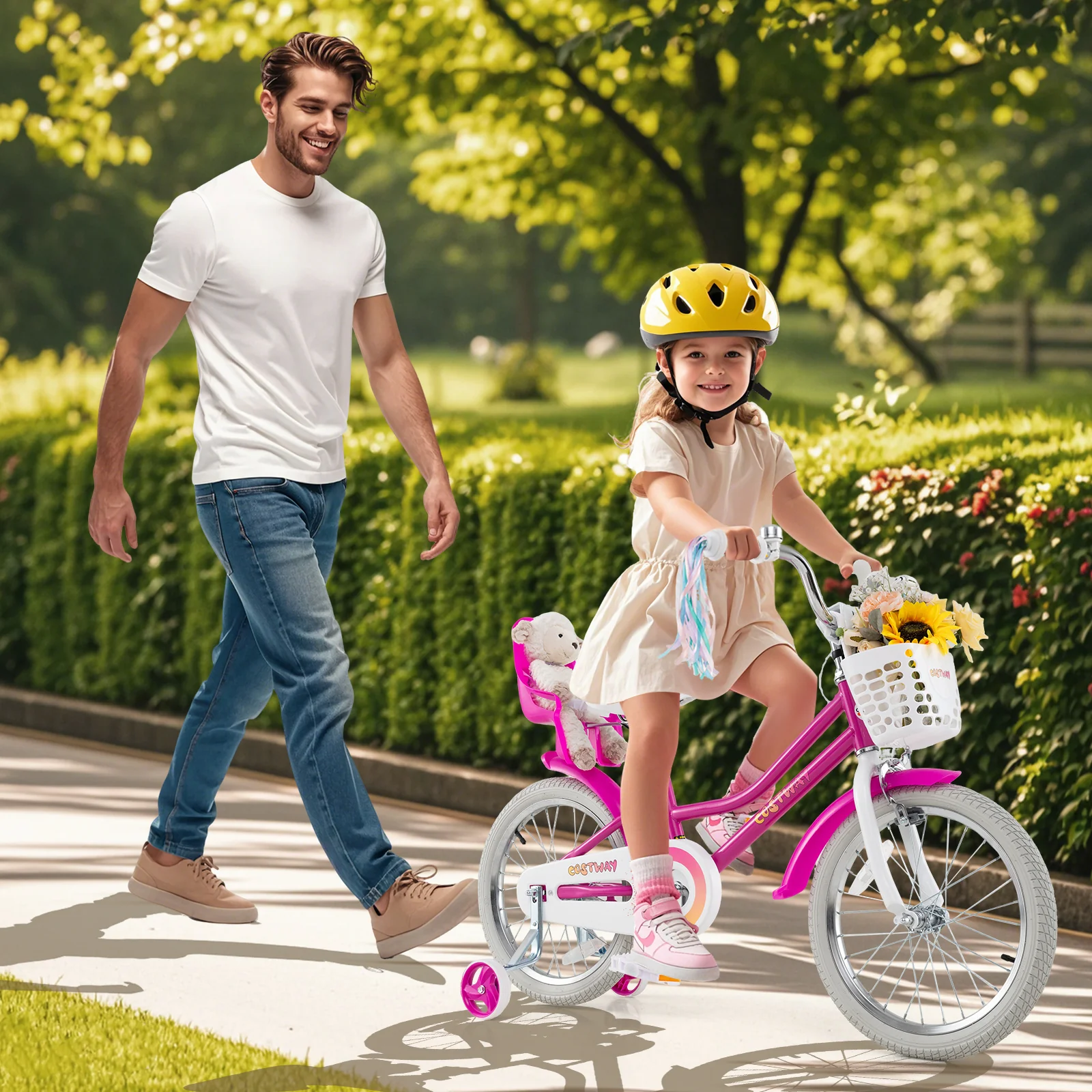 Kids Bike 18 Inch, Training Wheels, 2 Brake System, 4-8 Years, Rose Red - Image 2