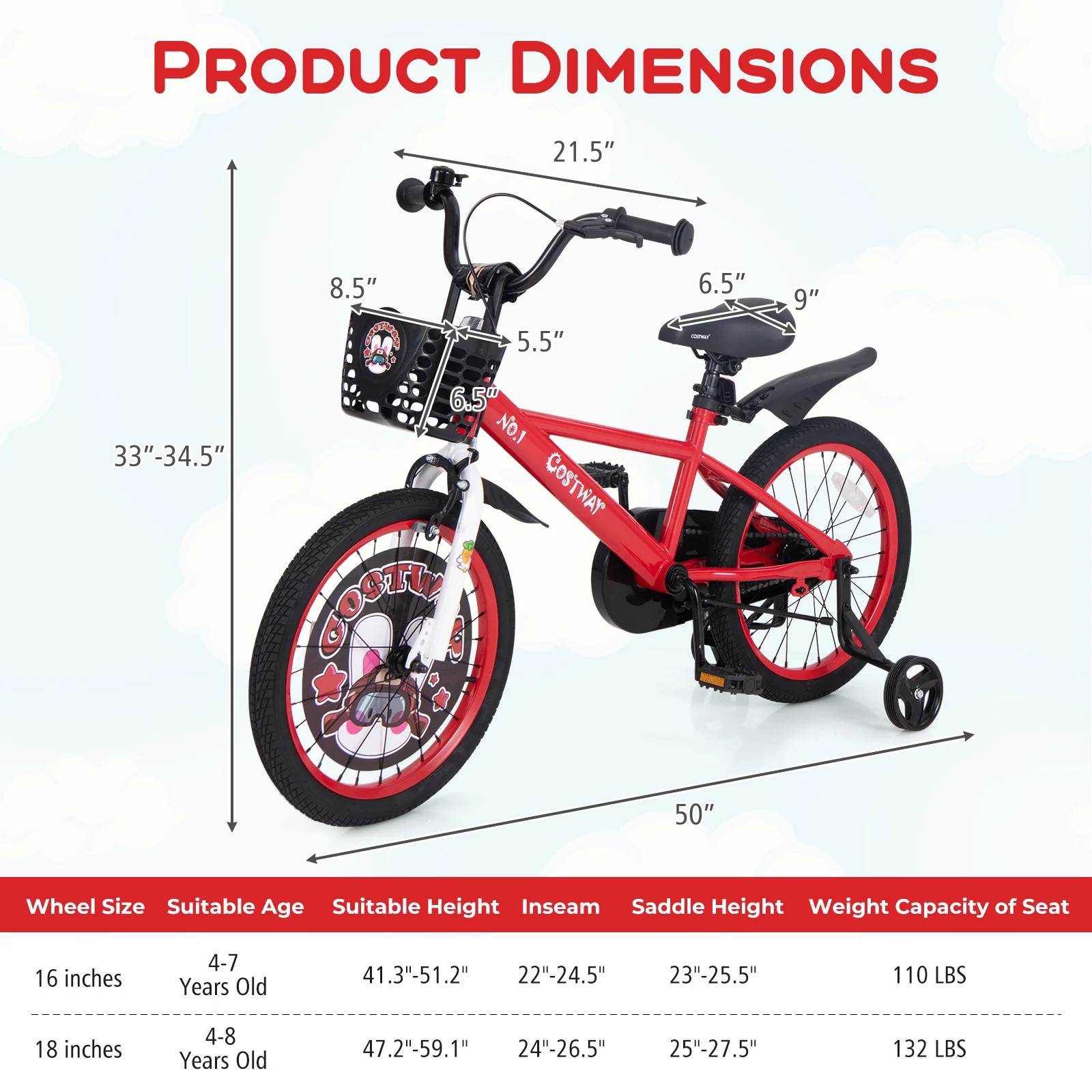 Kids Bike, 18 Inches, Adjustable With Storage Basket, Double Brake, Red - Image 5