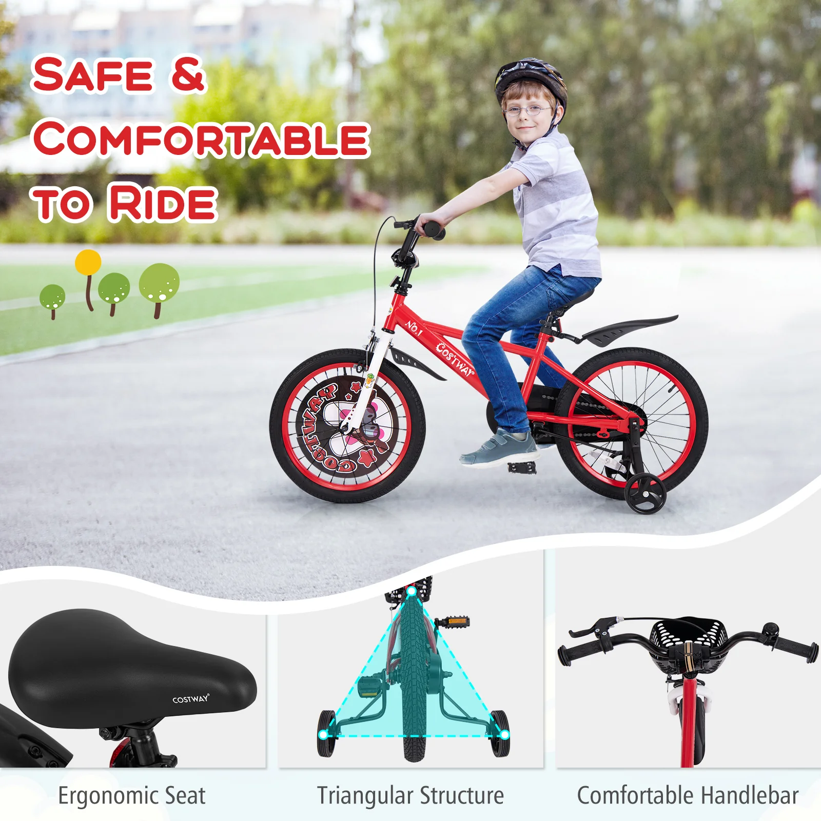 Kids Bike, 18 Inches, Adjustable With Storage Basket, Double Brake, Red - Image 6