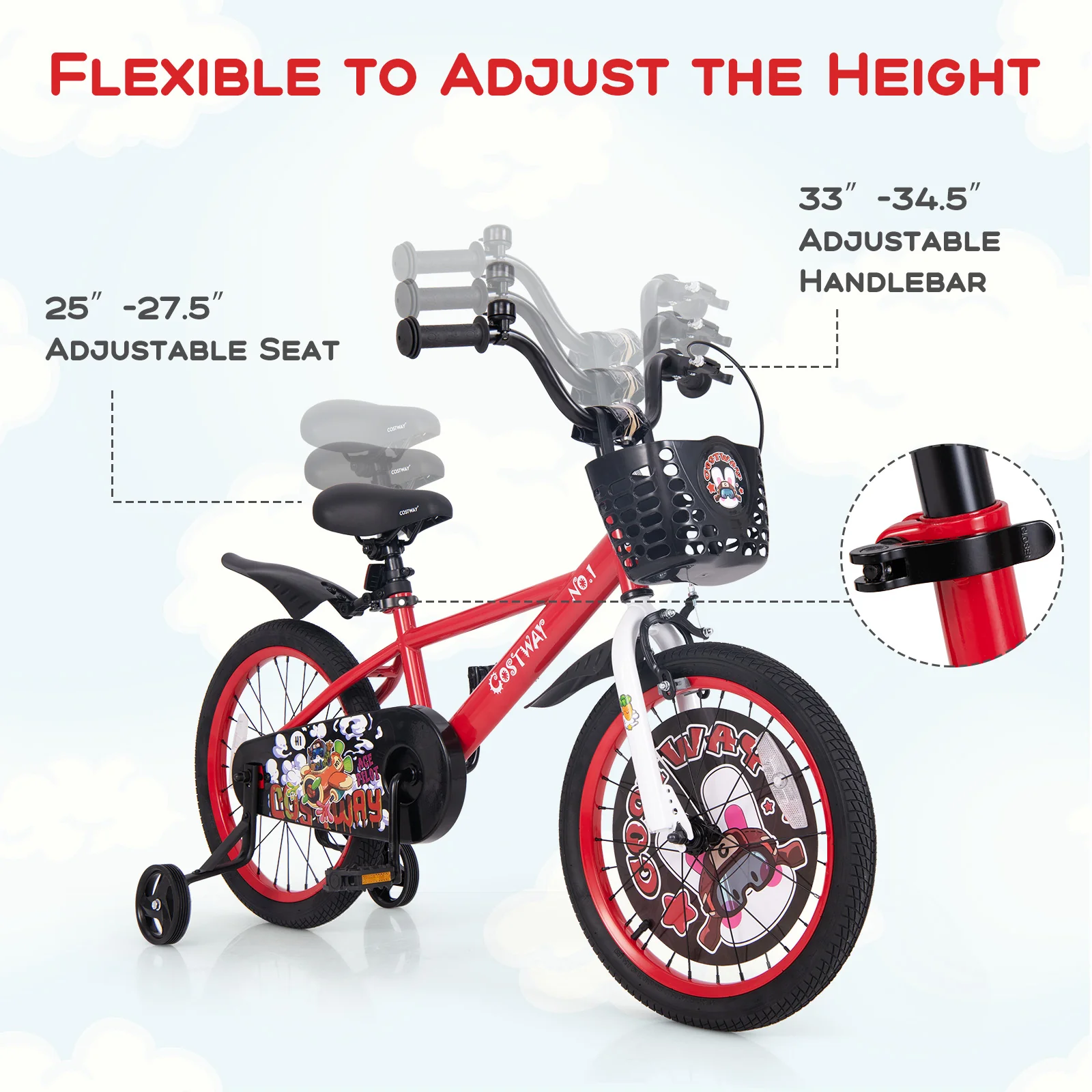 Kids Bike, 18 Inches, Adjustable With Storage Basket, Double Brake, Red - Image 9