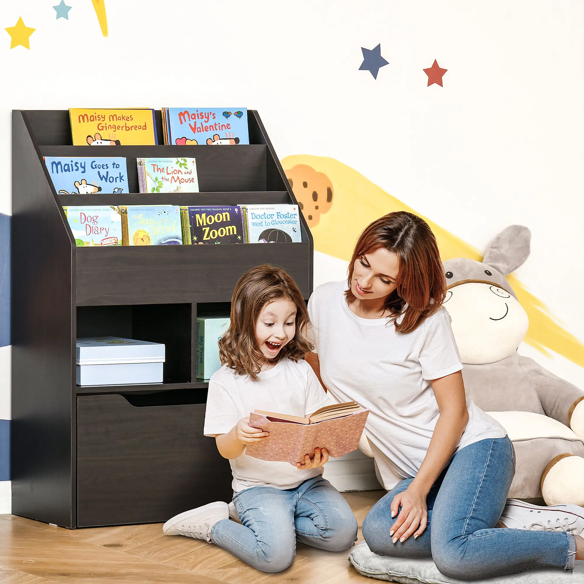 Kids Bookcase, Multi-Shelf Organizer with Drawer, Brown - Image 2