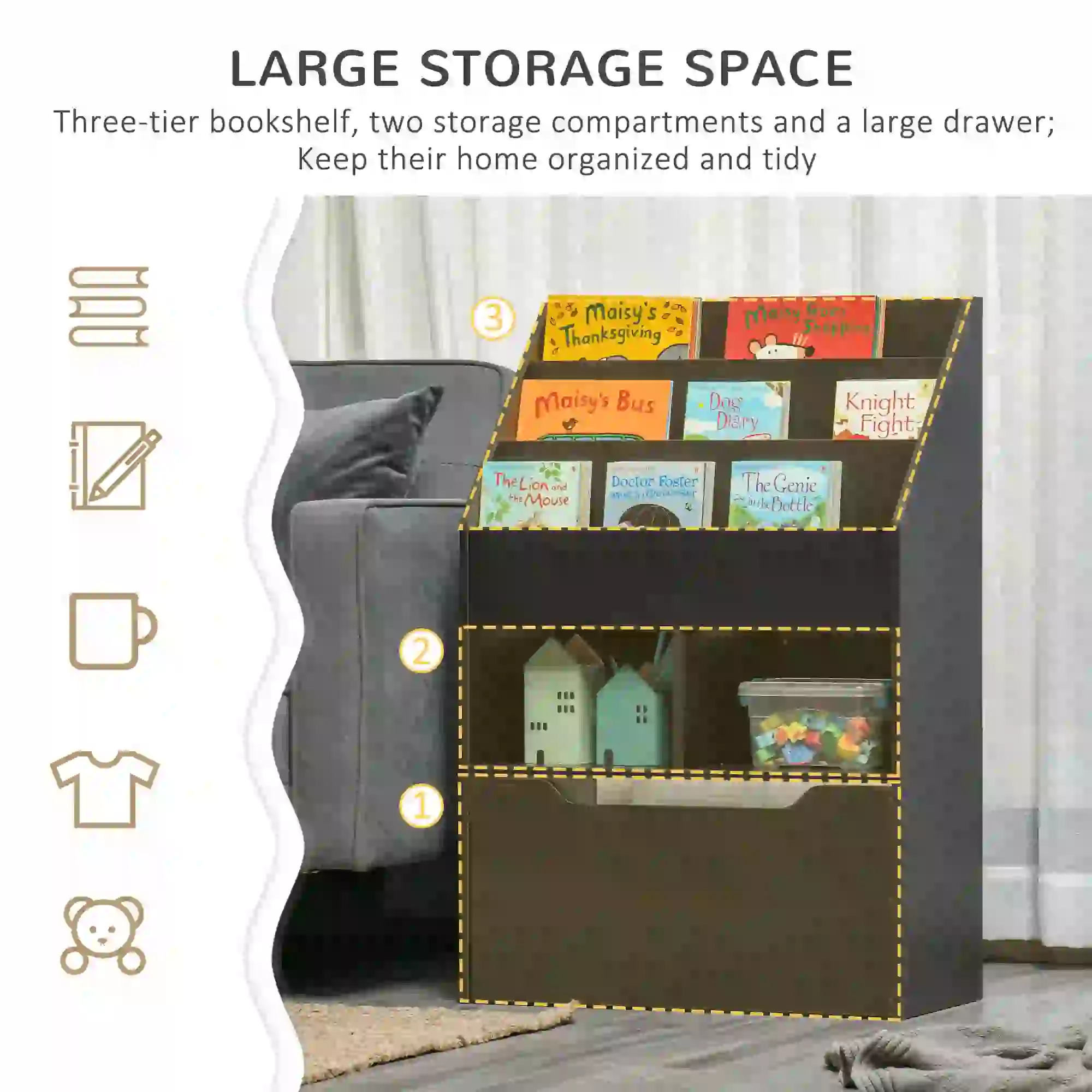 Kids Bookcase, Multi-Shelf Organizer with Drawer, Brown - Image 4