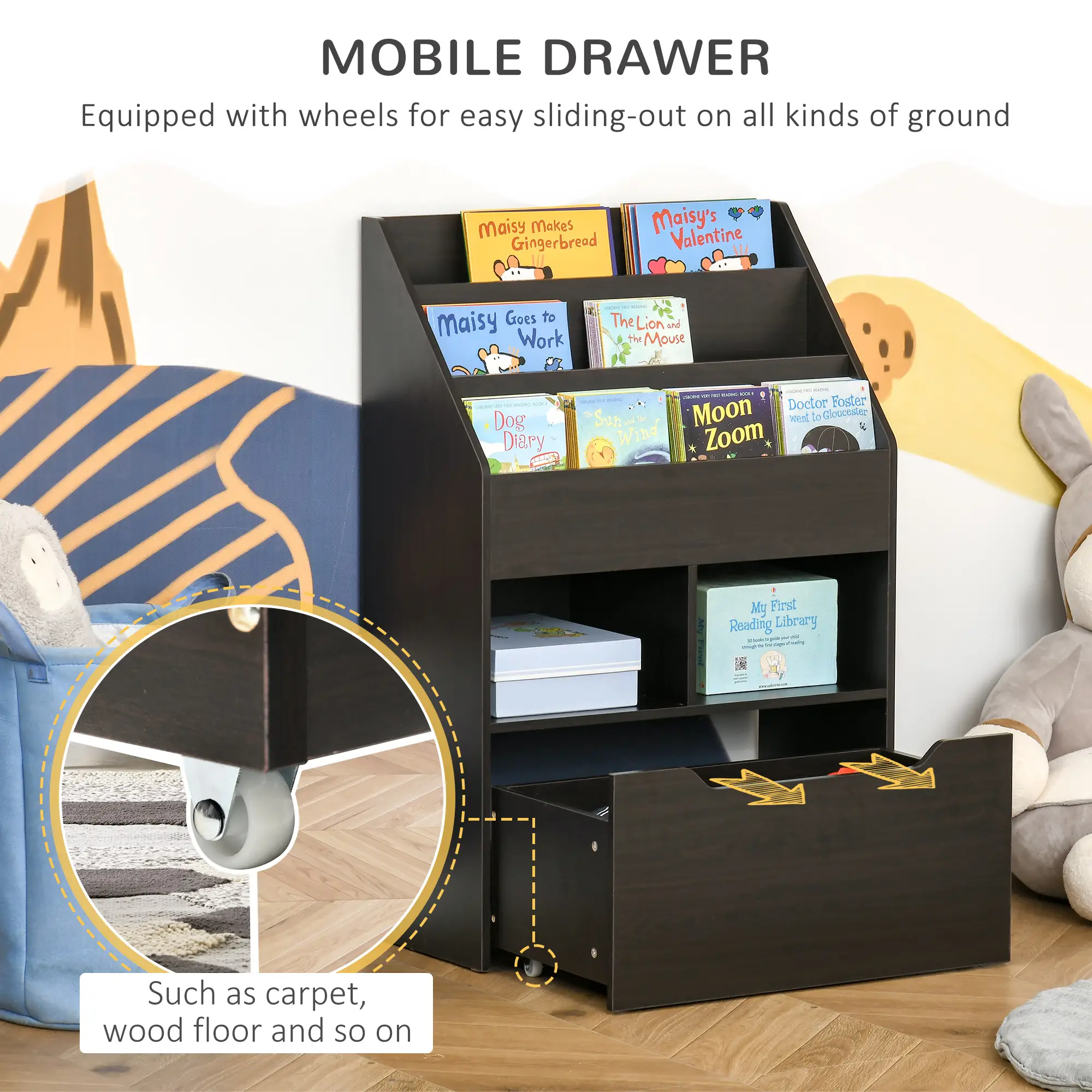 Kids Bookcase, Multi-Shelf Organizer with Drawer, Brown - Image 5