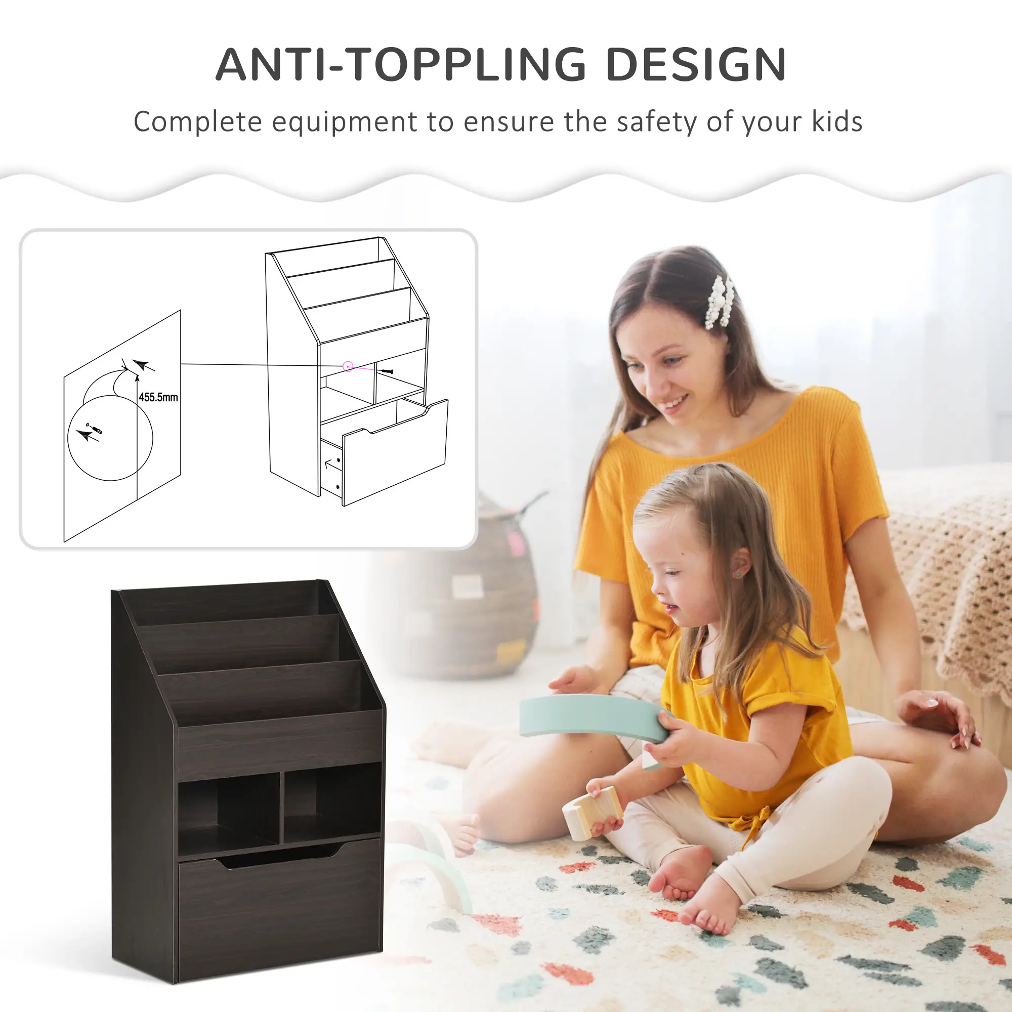 Kids Bookcase, Multi-Shelf Organizer with Drawer, Brown - Image 6