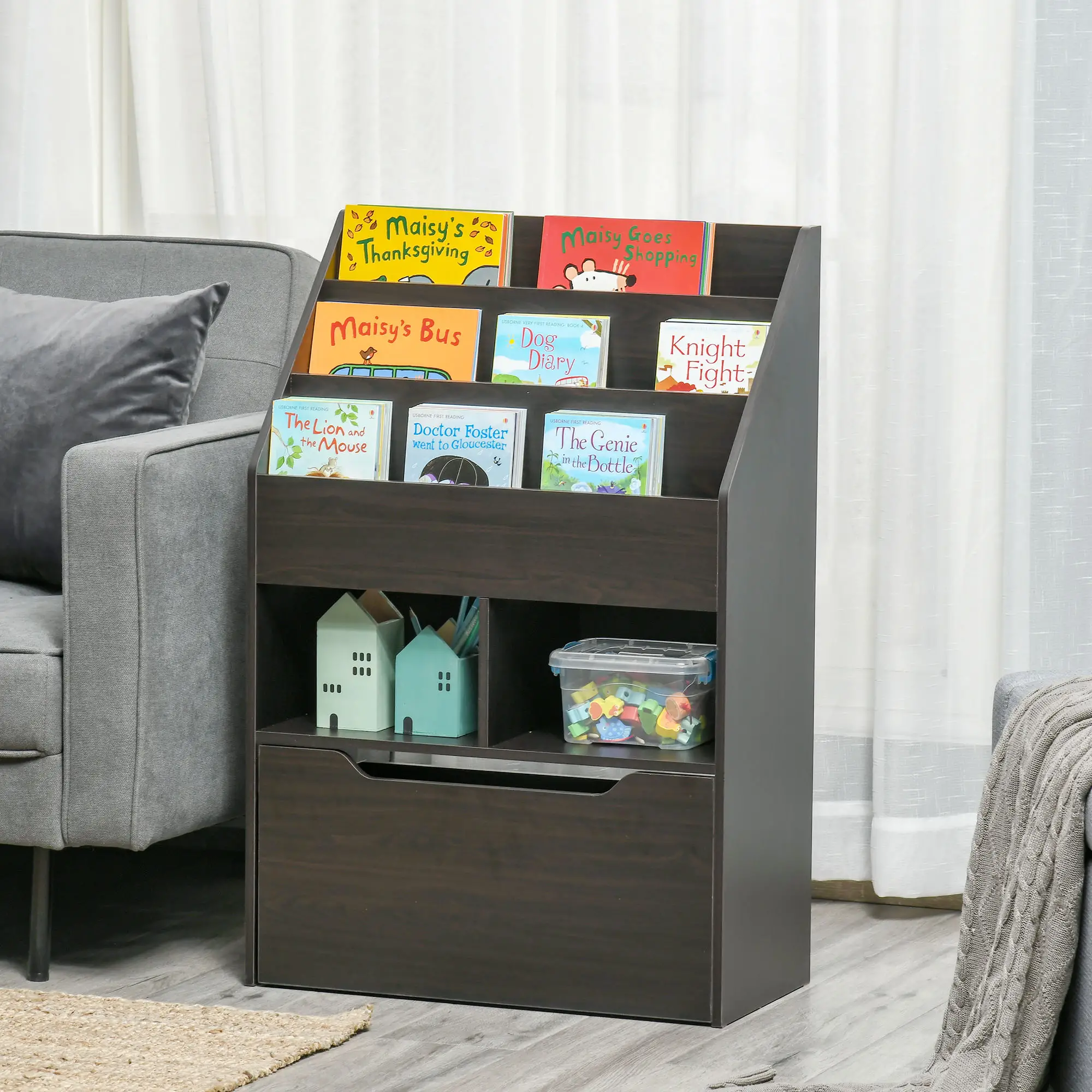 Kids Bookcase, Multi-Shelf Organizer with Drawer, Brown - Image 8