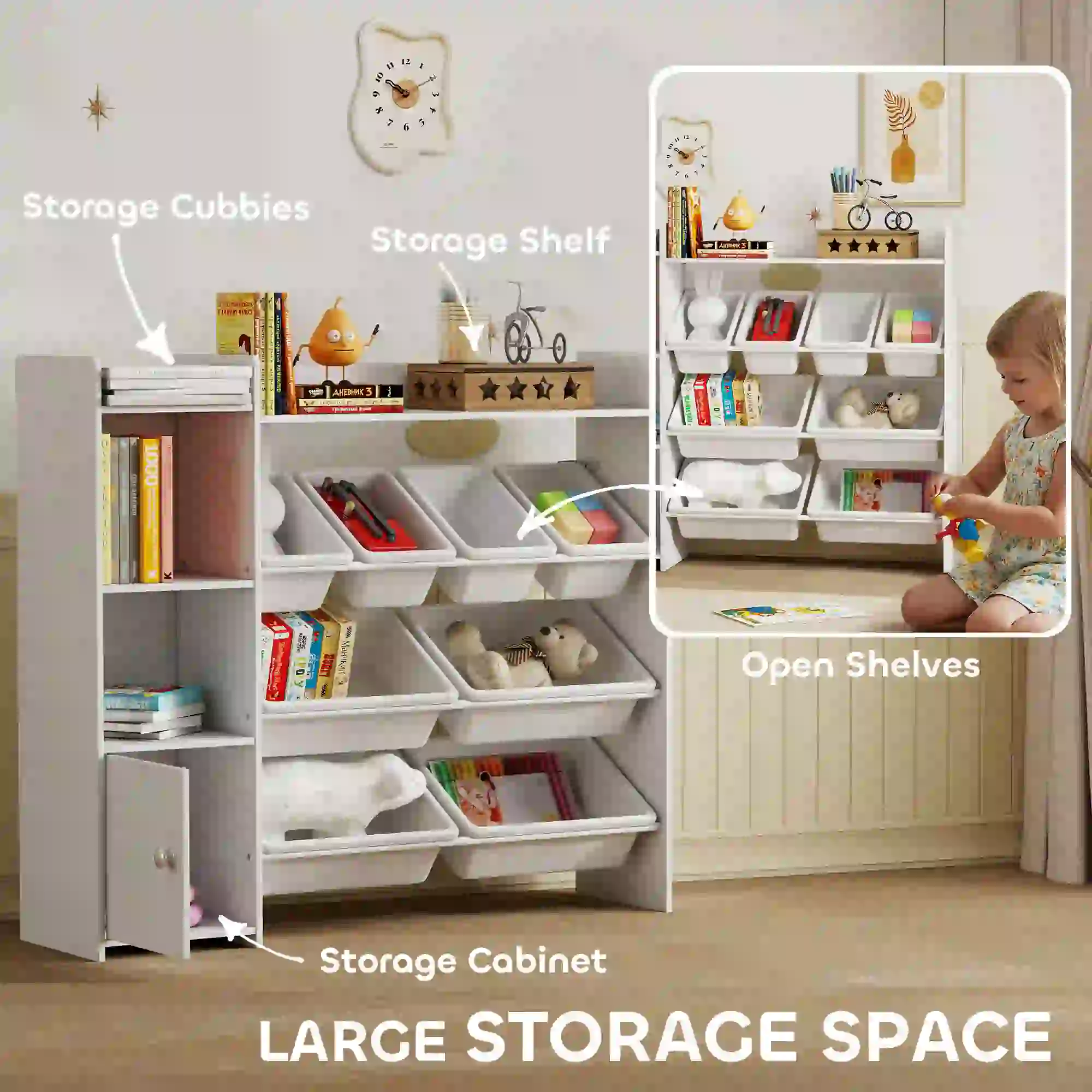 Kids Bookshelf And Toy Organizer, 8 Removable Bins, White - Image 4