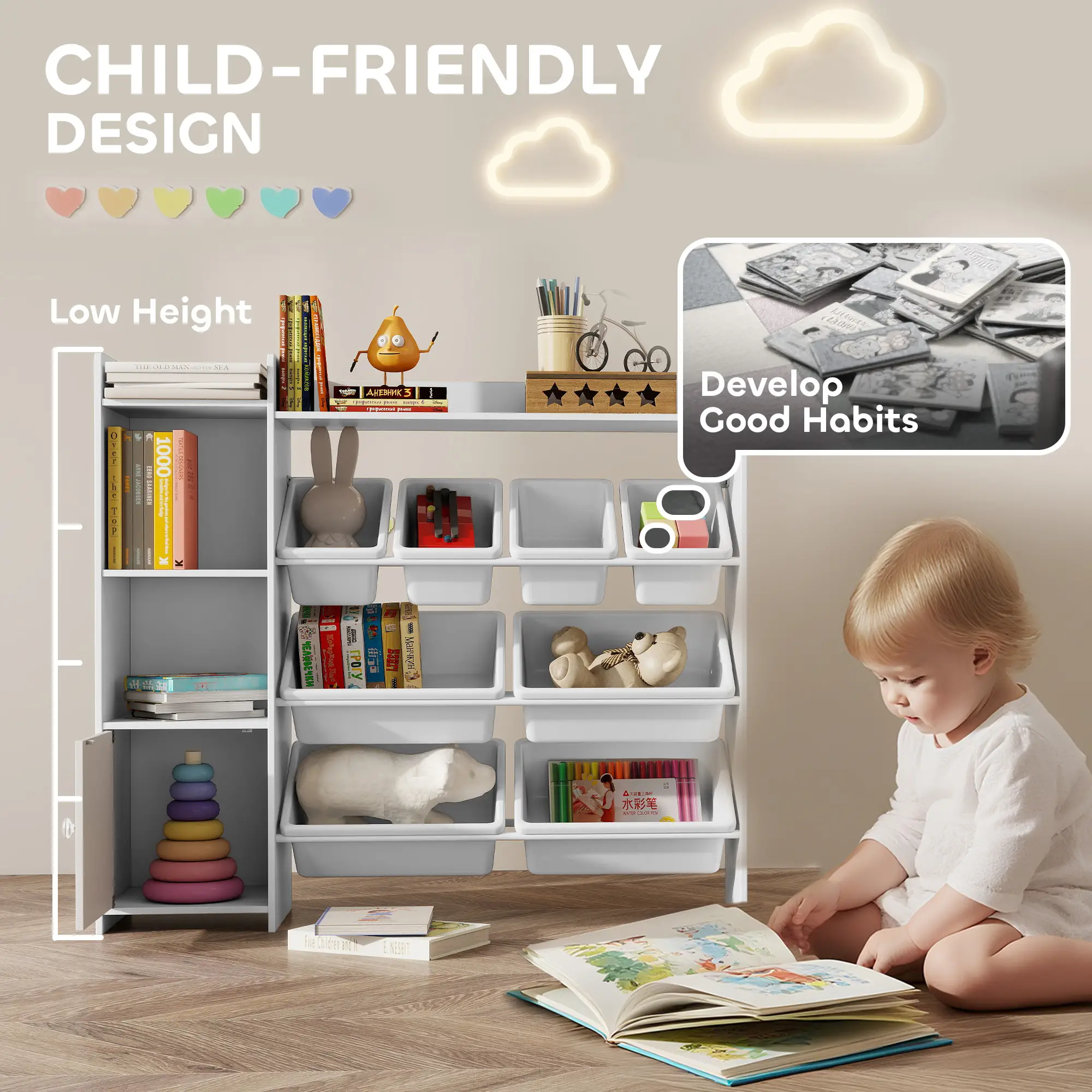 Kids Bookshelf And Toy Organizer, 8 Removable Bins, White - Image 5