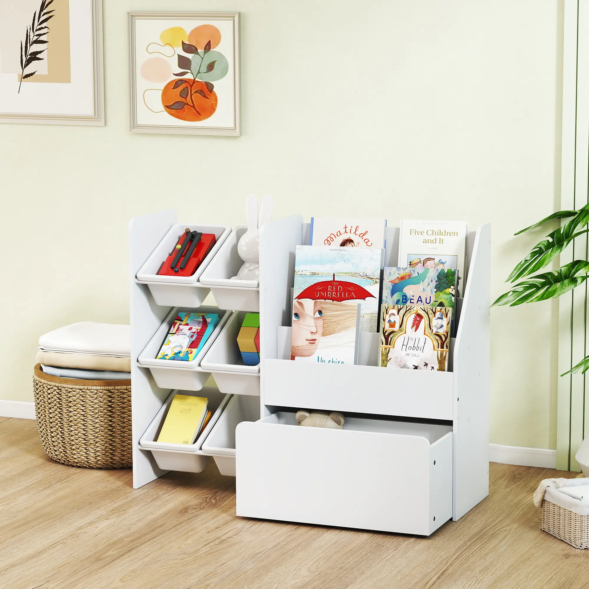 Kids Bookshelf Toy Storage, 3 Tier Bookcase 6 Removable Bins, White - Image 10