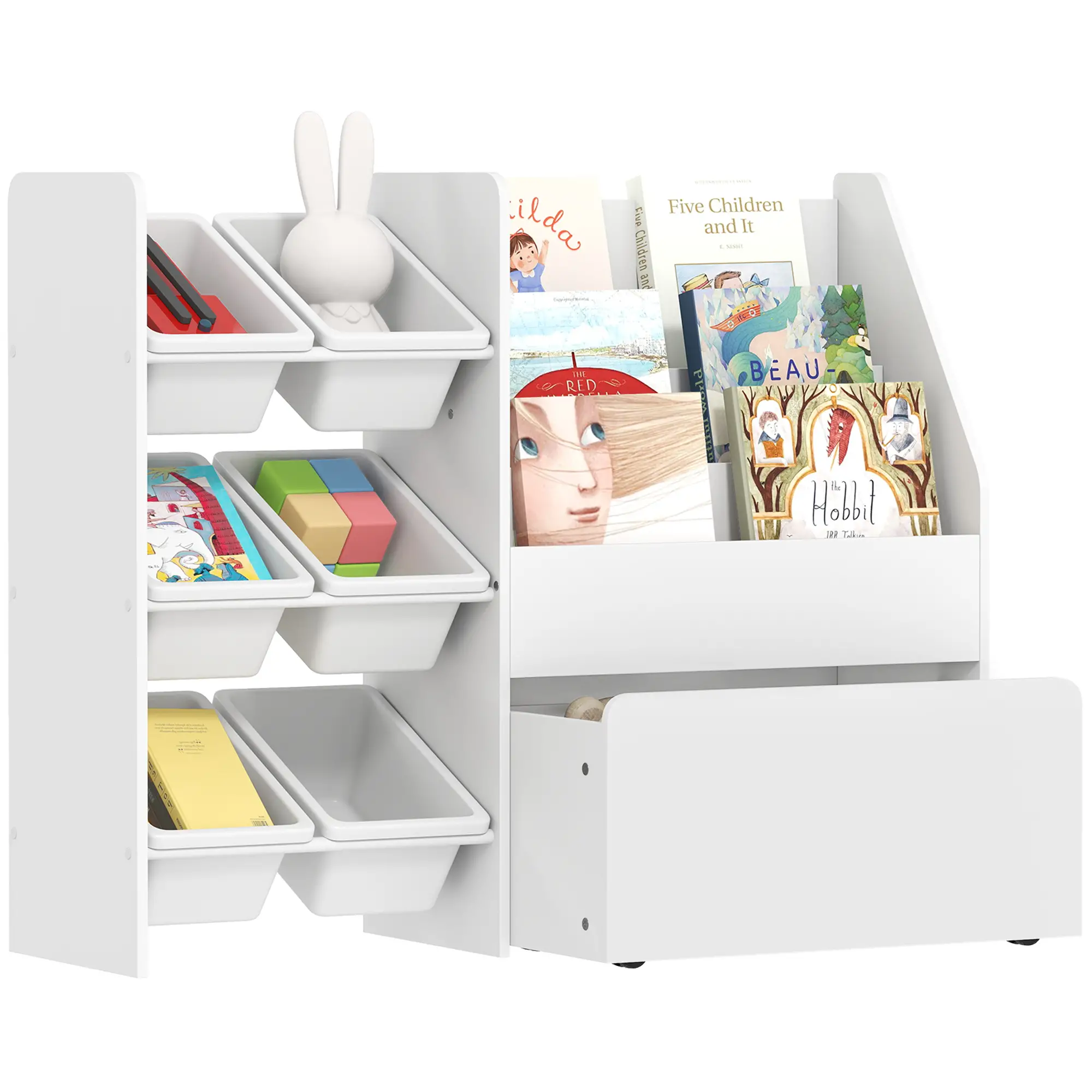 Kids Bookshelf Toy Storage, 3 Tier Bookcase 6 Removable Bins, White - Image 11