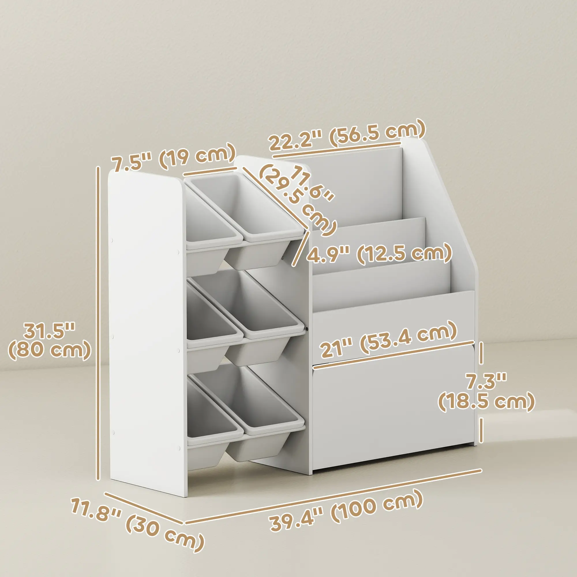 Kids Bookshelf Toy Storage, 3 Tier Bookcase 6 Removable Bins, White - Image 3