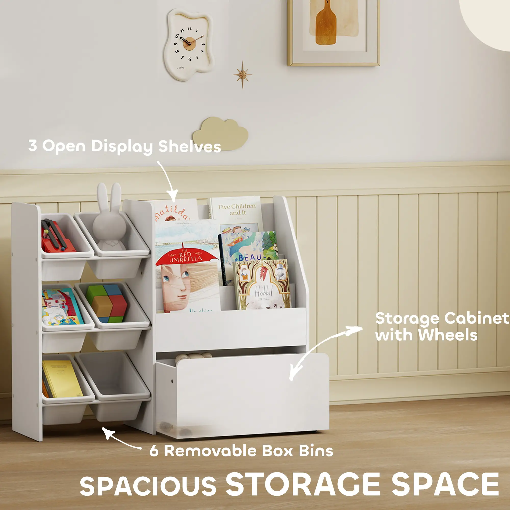 Kids Bookshelf Toy Storage, 3 Tier Bookcase 6 Removable Bins, White - Image 4