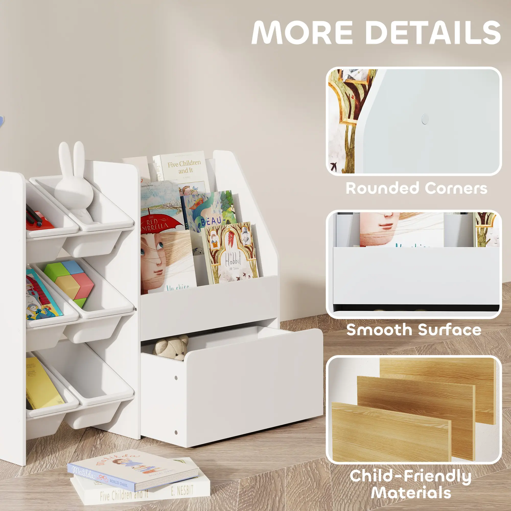 Kids Bookshelf Toy Storage, 3 Tier Bookcase 6 Removable Bins, White - Image 7