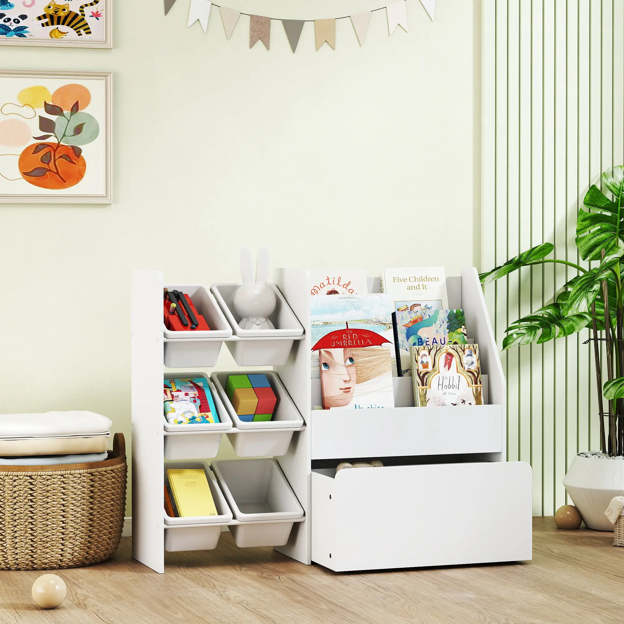 Kids Bookshelf Toy Storage, 3 Tier Bookcase 6 Removable Bins, White - Image 8
