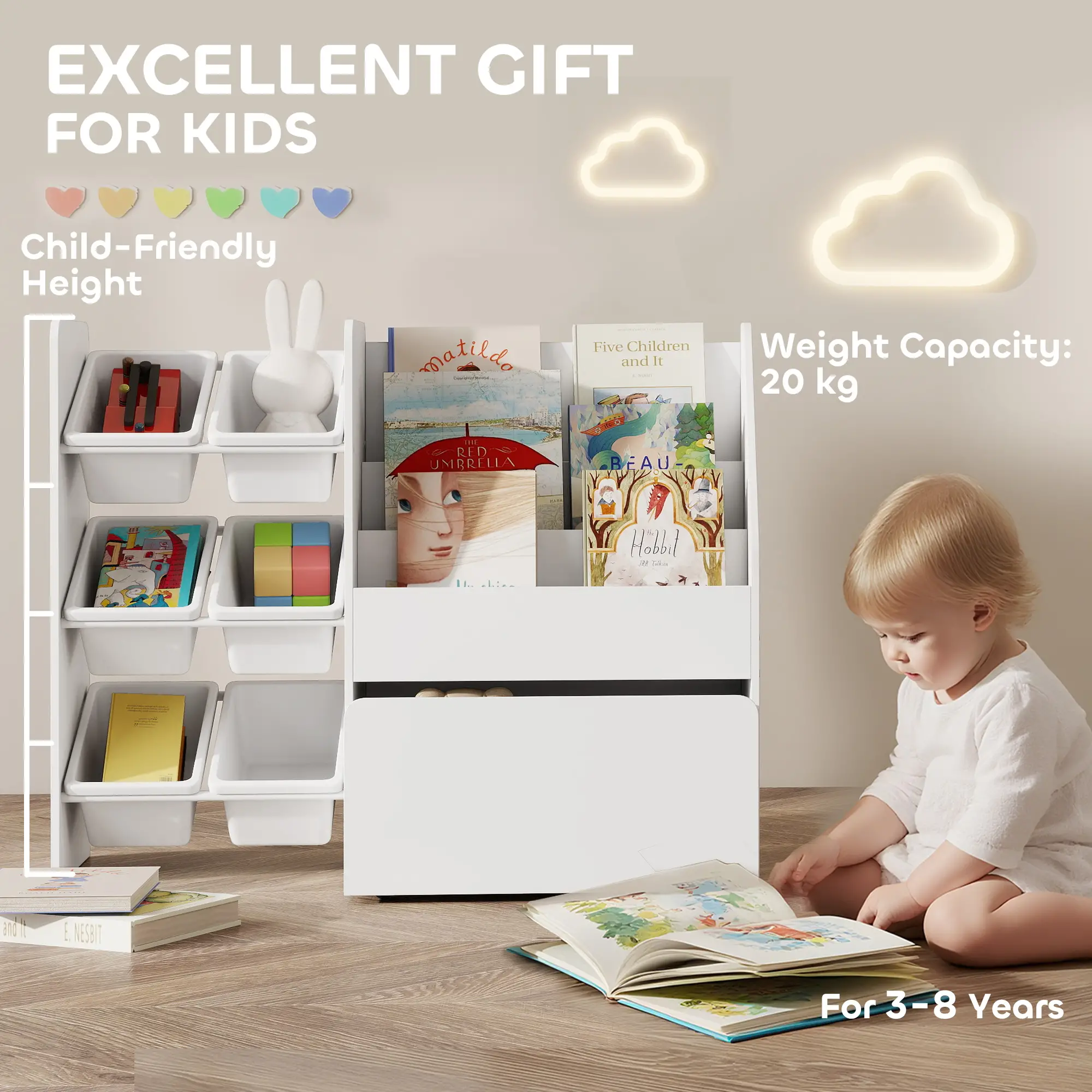 Kids Bookshelf Toy Storage, 3 Tier Bookcase 6 Removable Bins, White - Image 9