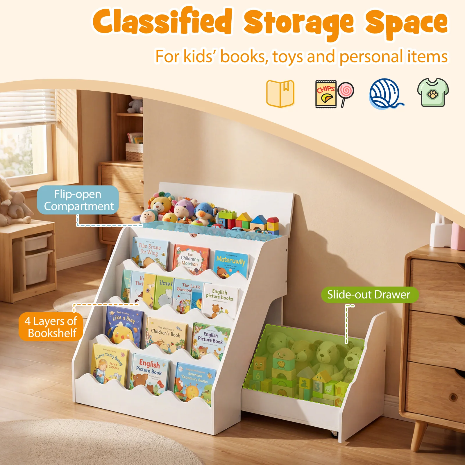 Kids Bookshelf Toy Storage Organizer, White - Image 7
