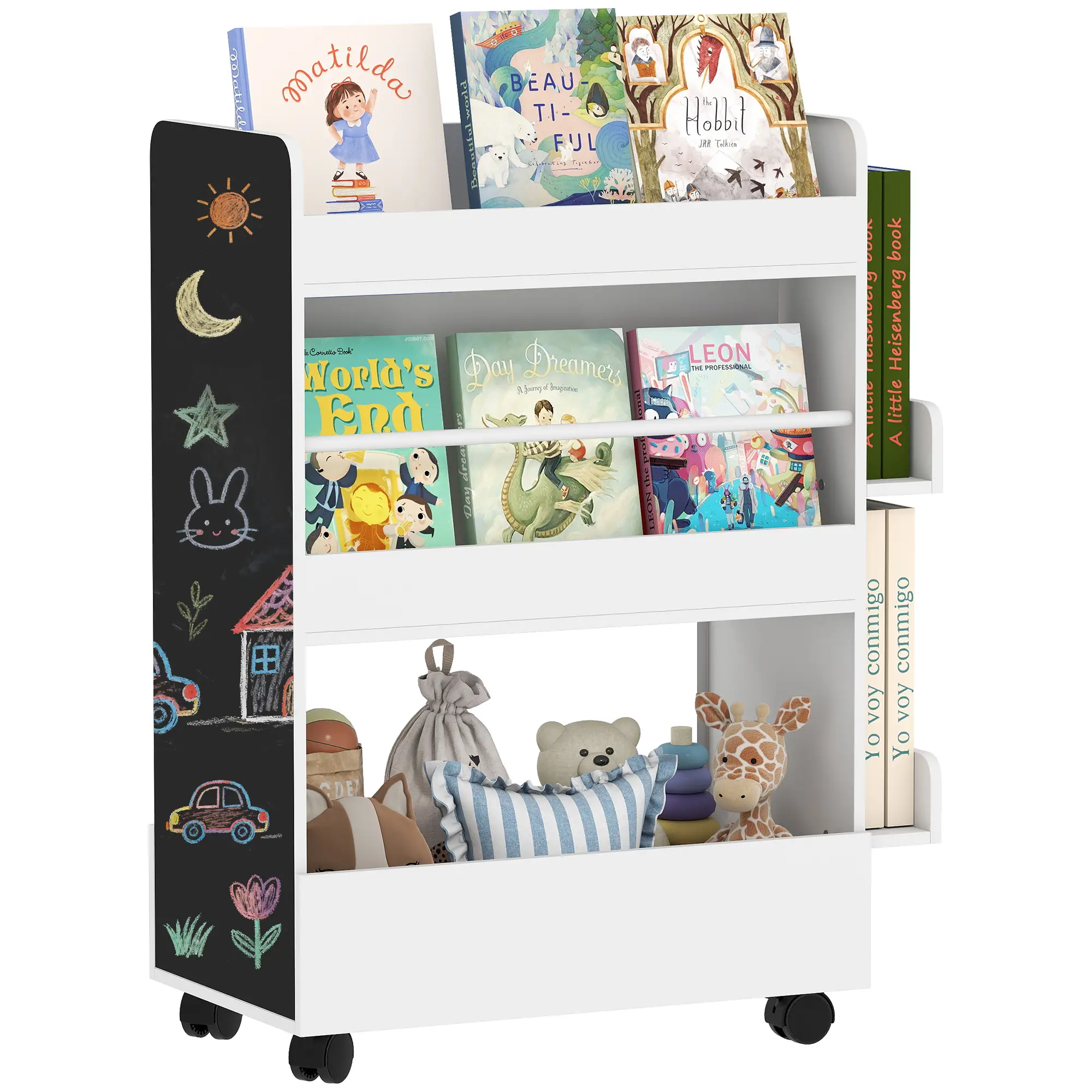 Kids Bookshelf with Wheels, Blackboard, 3-8 Years - Image 11