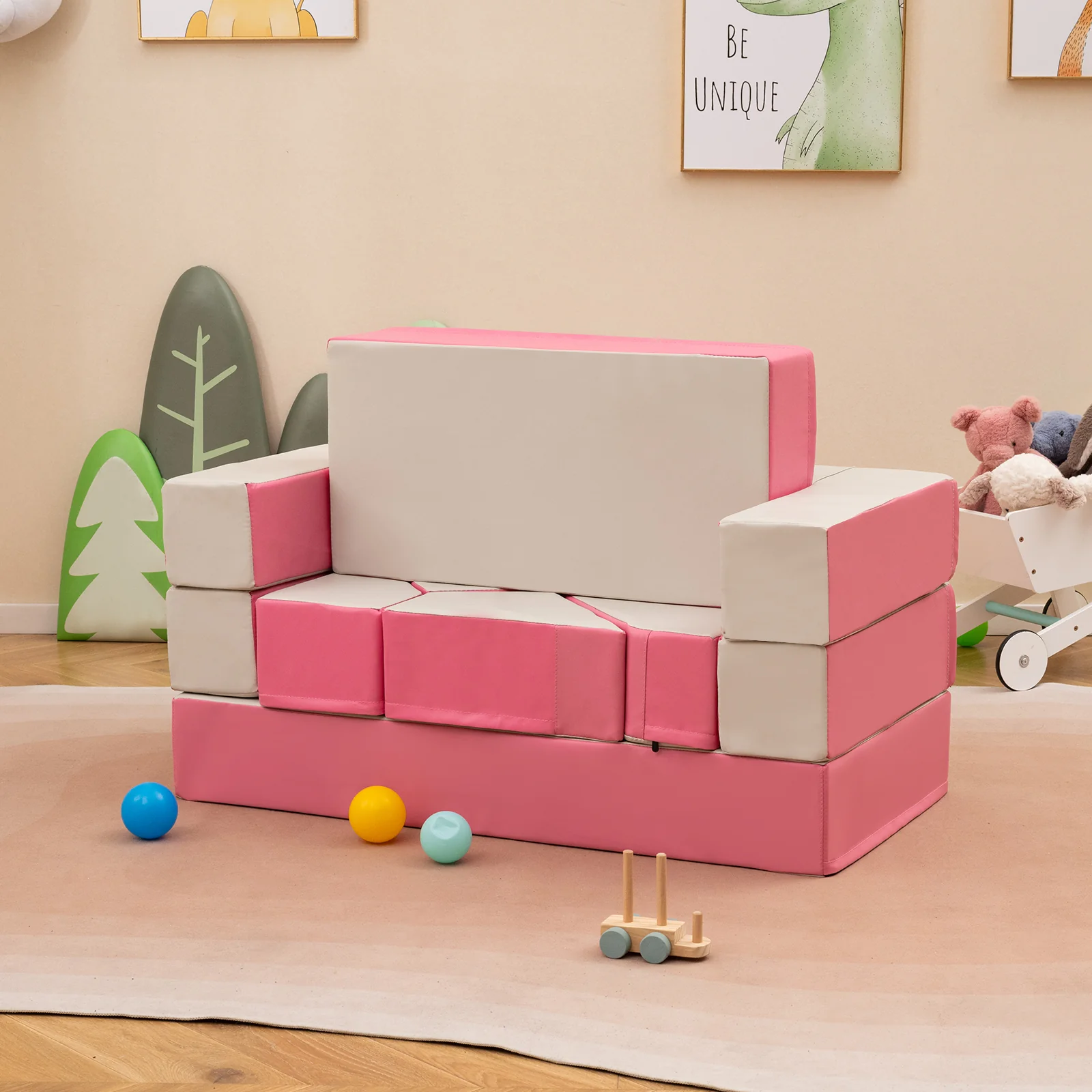 Kids Climb And Crawl Foam Playset, 8-Piece 4-In-1, Pink