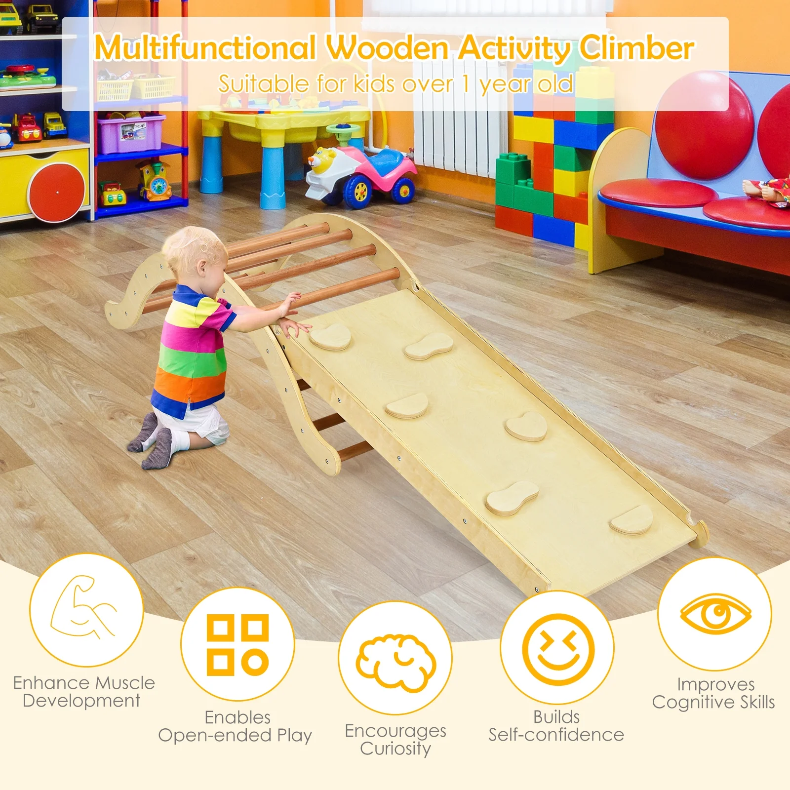 Kids Climber Set, Wooden Arch Triangle Rocker, 3-In-1 With Ramp And Mat, Natural - Image 10