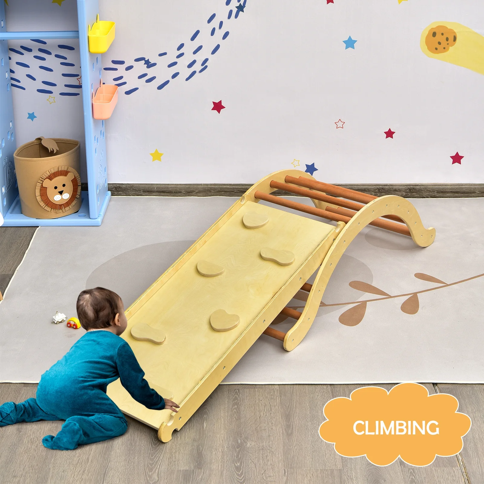 Kids Climber Set, Wooden Arch Triangle Rocker, 3-In-1 With Ramp And Mat, Natural - Image 2