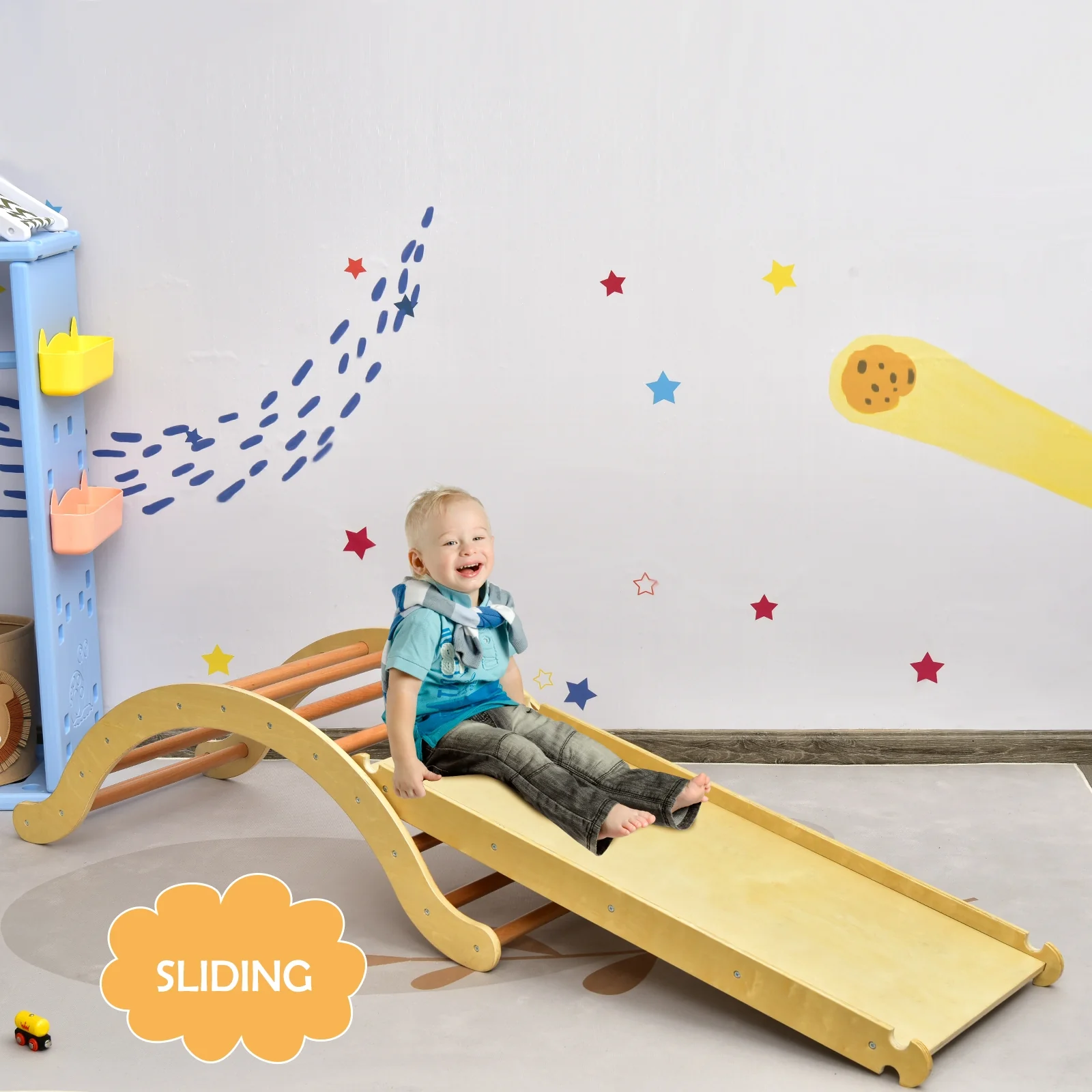 Kids Climber Set, Wooden Arch Triangle Rocker, 3-In-1 With Ramp And Mat, Natural - Image 3