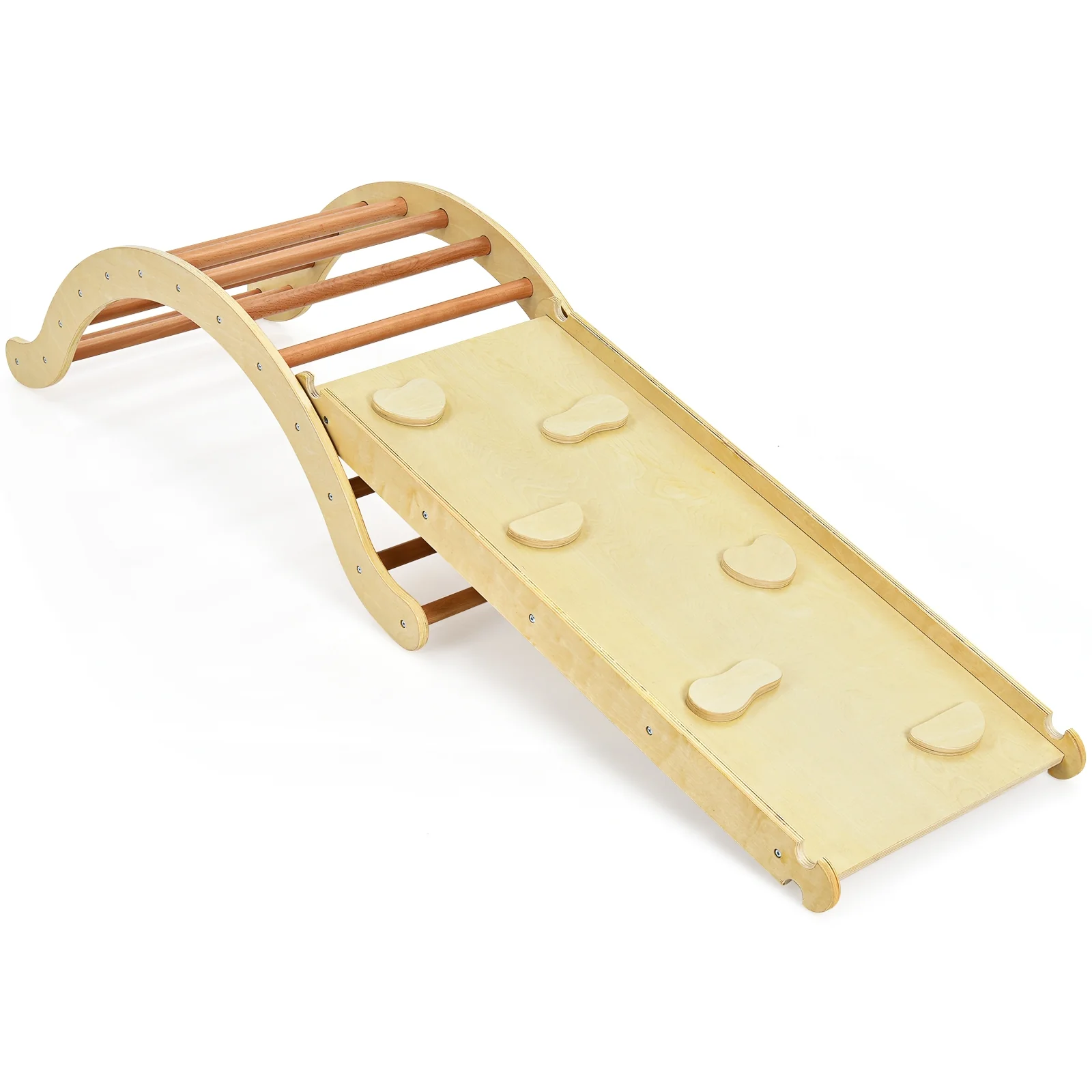 Kids Climber Set, Wooden Arch Triangle Rocker, 3-In-1 With Ramp And Mat, Natural - Image 4