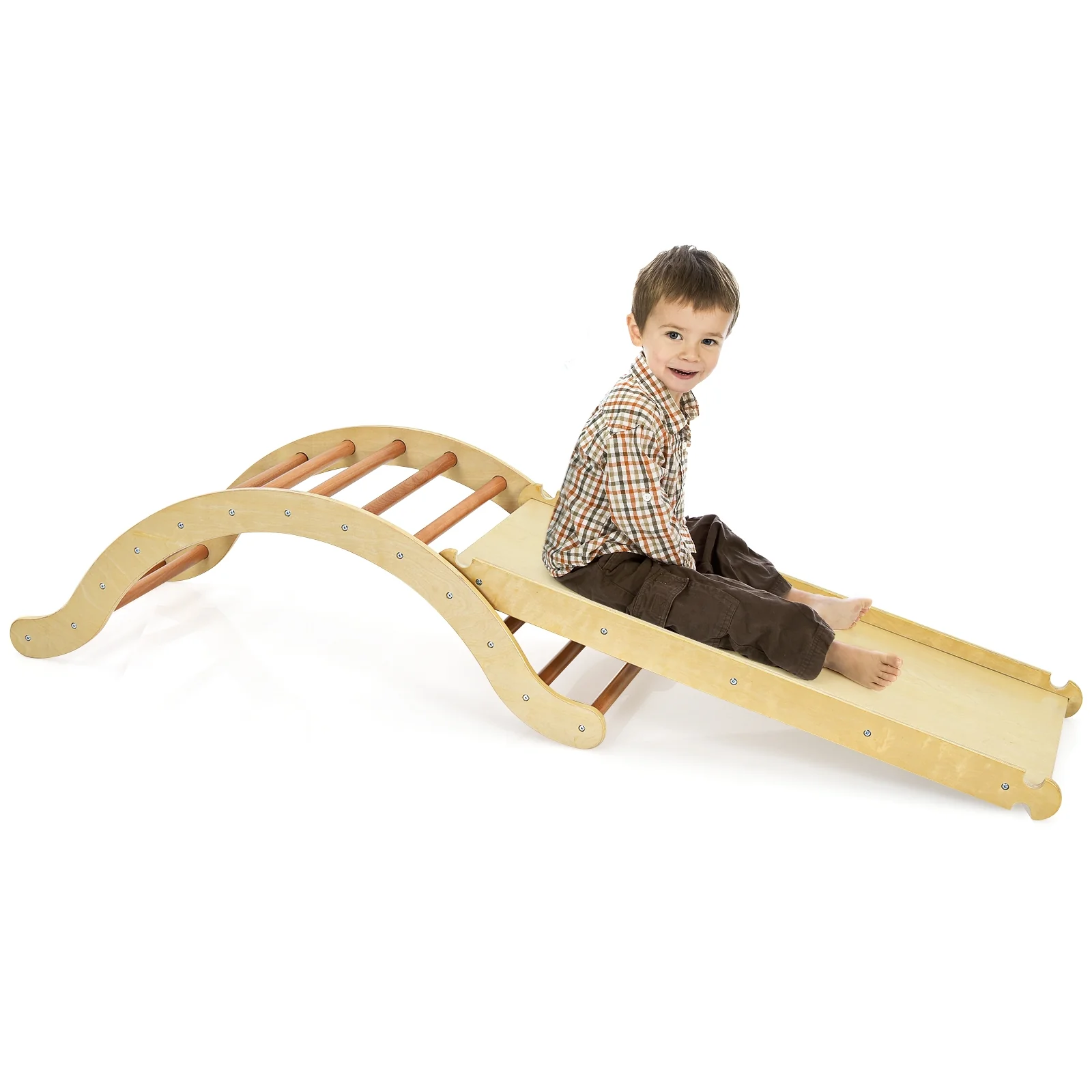 Kids Climber Set, Wooden Arch Triangle Rocker, 3-In-1 With Ramp And Mat, Natural - Image 5