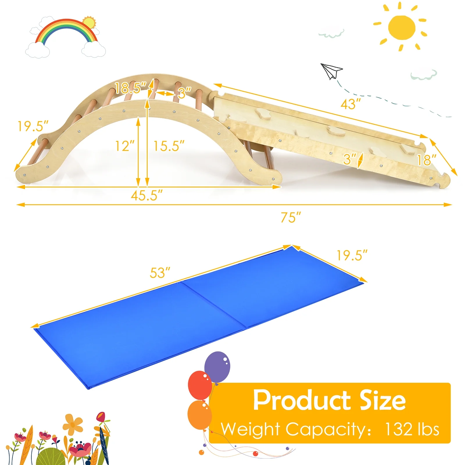 Kids Climber Set, Wooden Arch Triangle Rocker, 3-In-1 With Ramp And Mat, Natural - Image 6