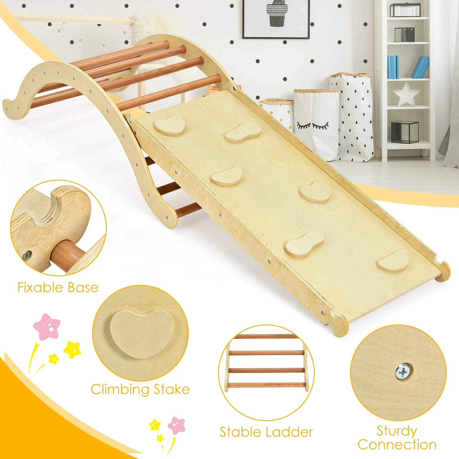 Kids Climber Set, Wooden Arch Triangle Rocker, 3-In-1 With Ramp And Mat, Natural - Image 7