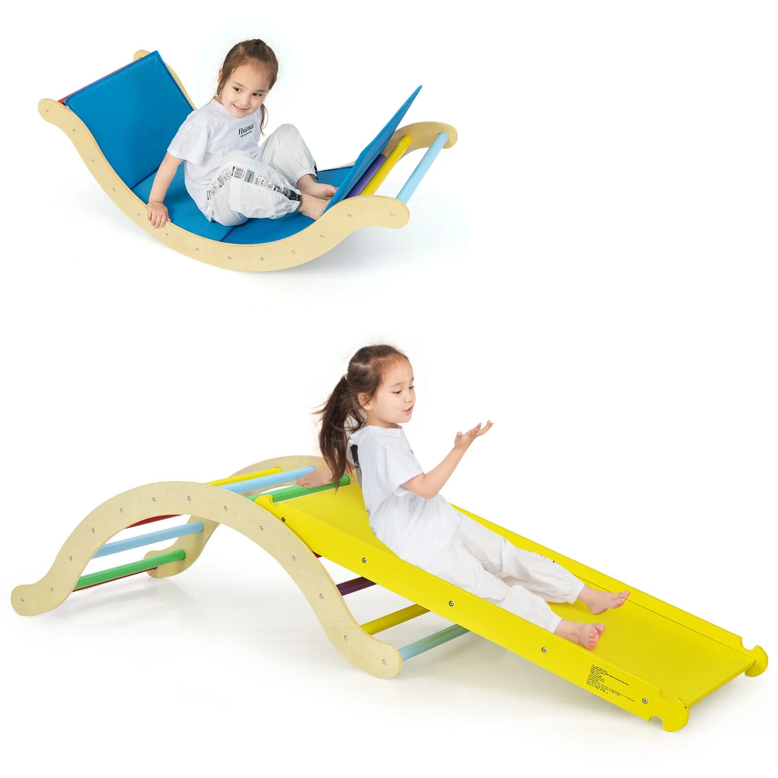 Kids Climber Set, Wooden Arch Triangle Rocker, Yellow