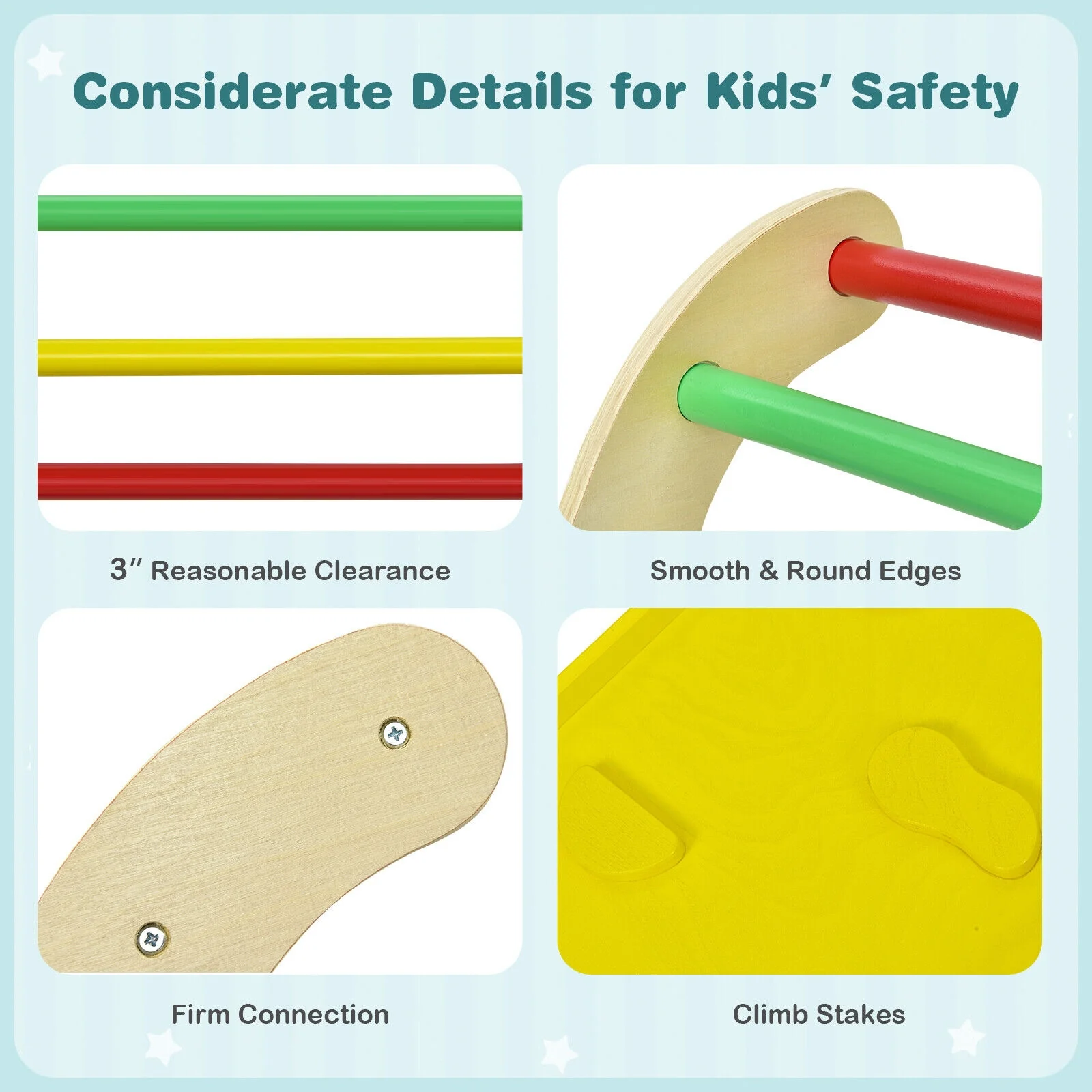 Kids Climber Set, Wooden Arch Triangle Rocker, Yellow - Image 10