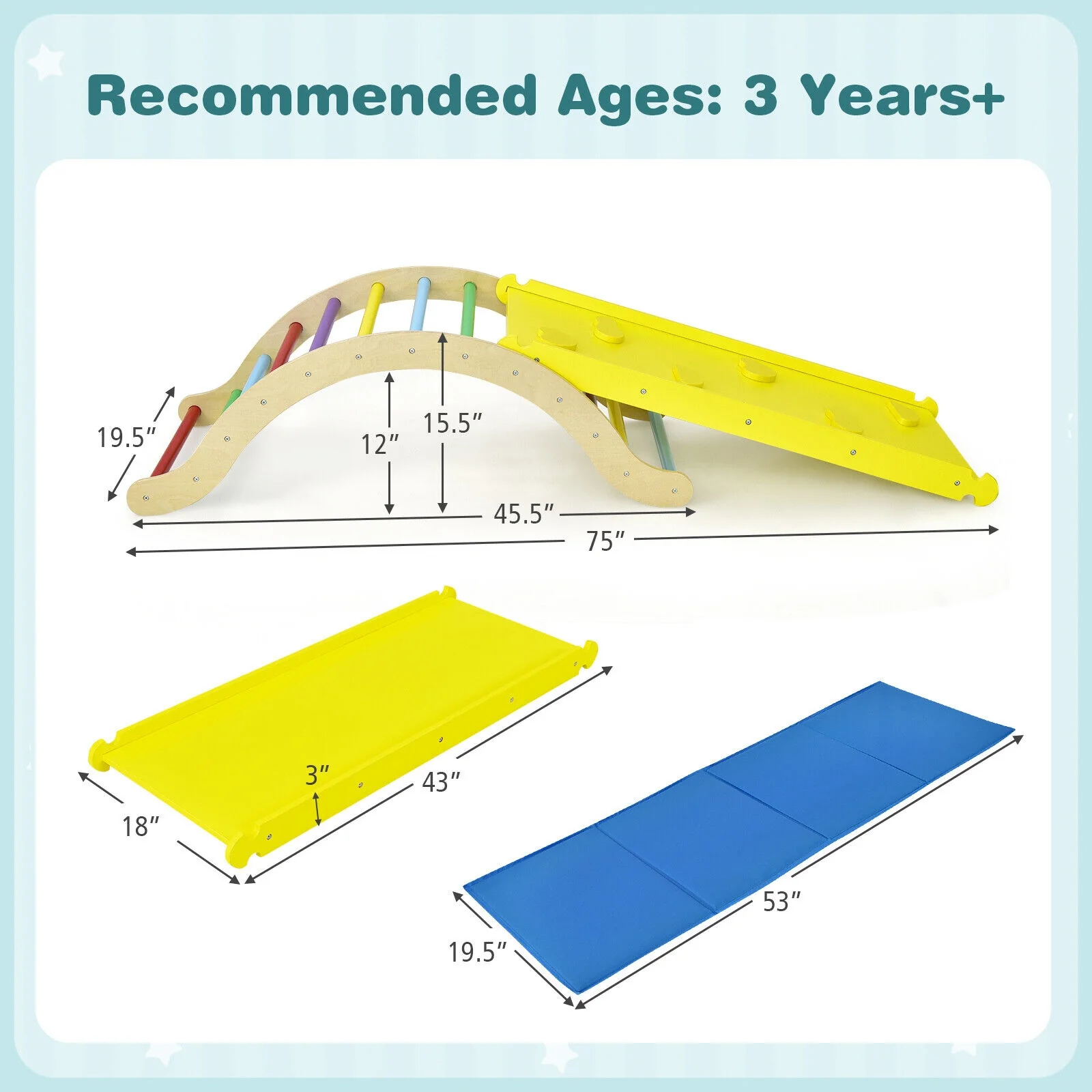 Kids Climber Set, Wooden Arch Triangle Rocker, Yellow - Image 5