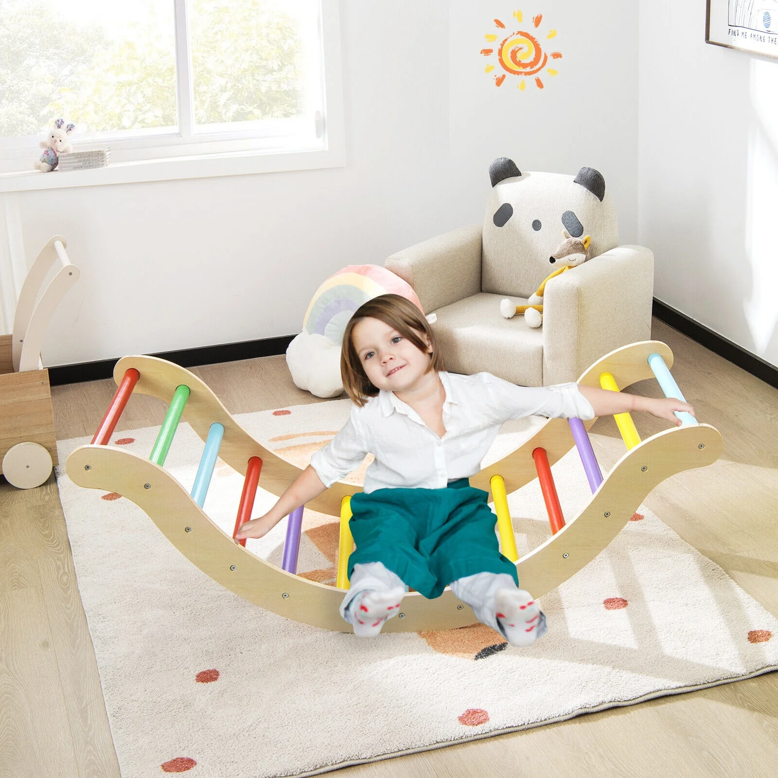 Kids Climber Set, Wooden Arch Triangle Rocker, Yellow - Image 7