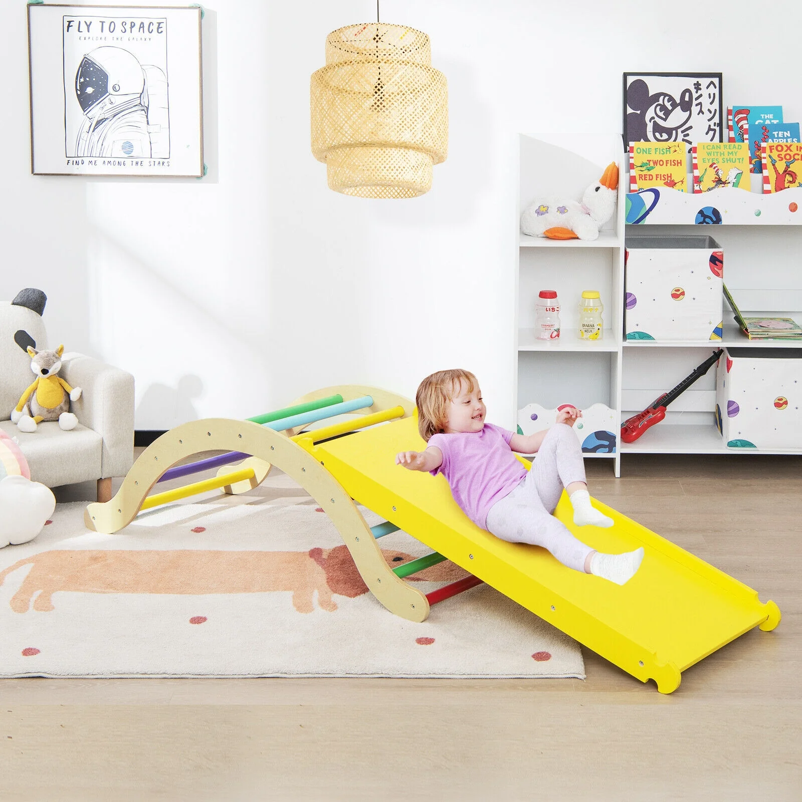Kids Climber Set, Wooden Arch Triangle Rocker, Yellow - Image 8