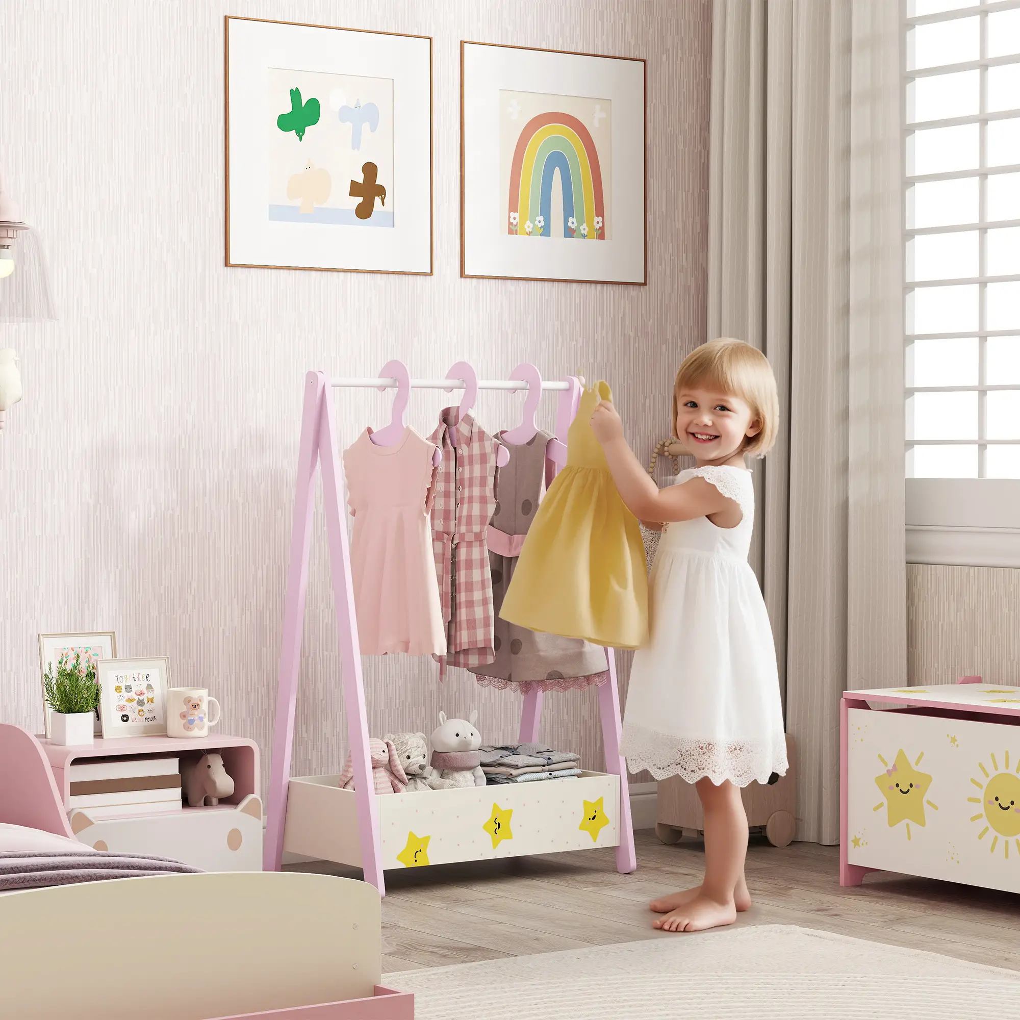 Kids Clothing Rack with Storage Shelf, Hangers, Pink - Image 2