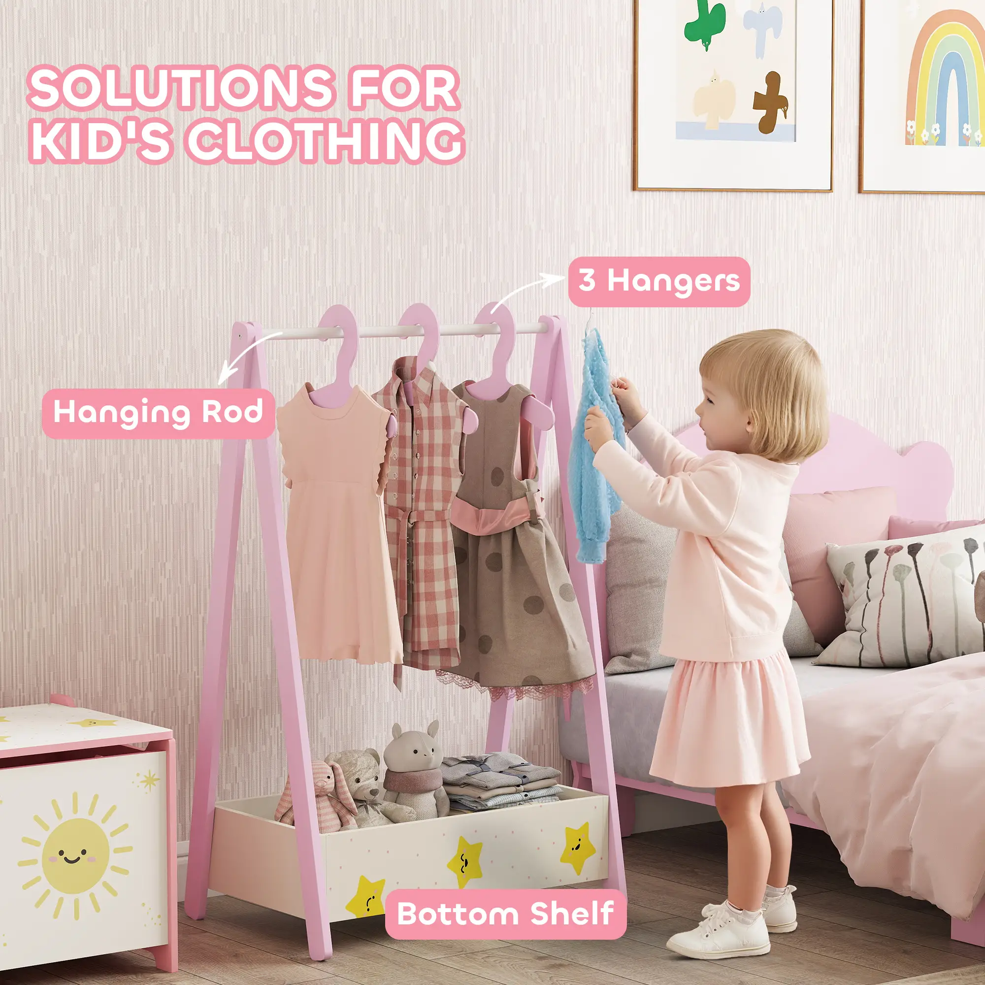 Kids Clothing Rack with Storage Shelf, Hangers, Pink - Image 4
