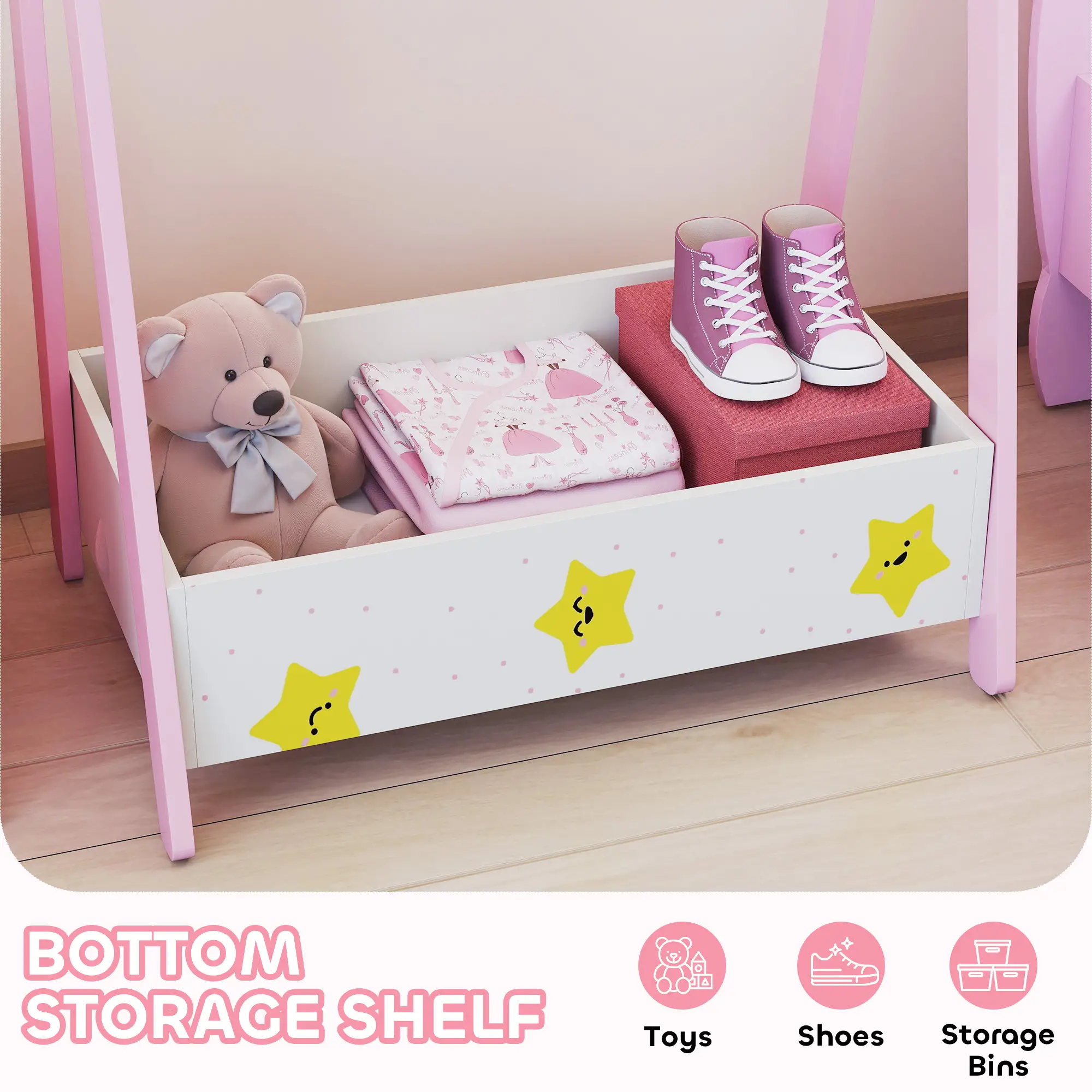 Kids Clothing Rack with Storage Shelf, Hangers, Pink - Image 5