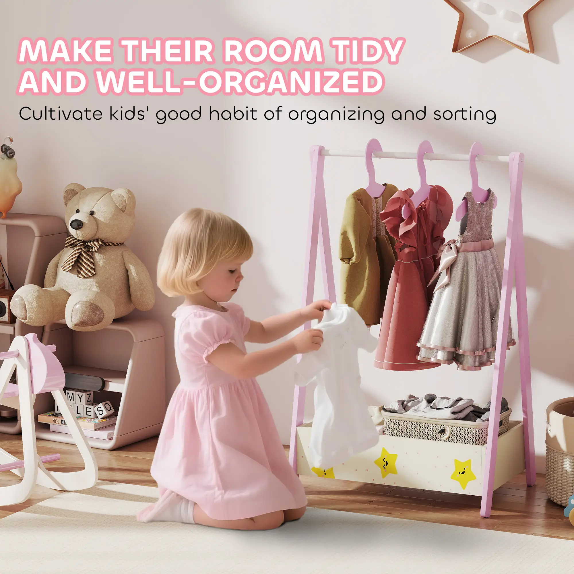 Kids Clothing Rack with Storage Shelf, Hangers, Pink - Image 6