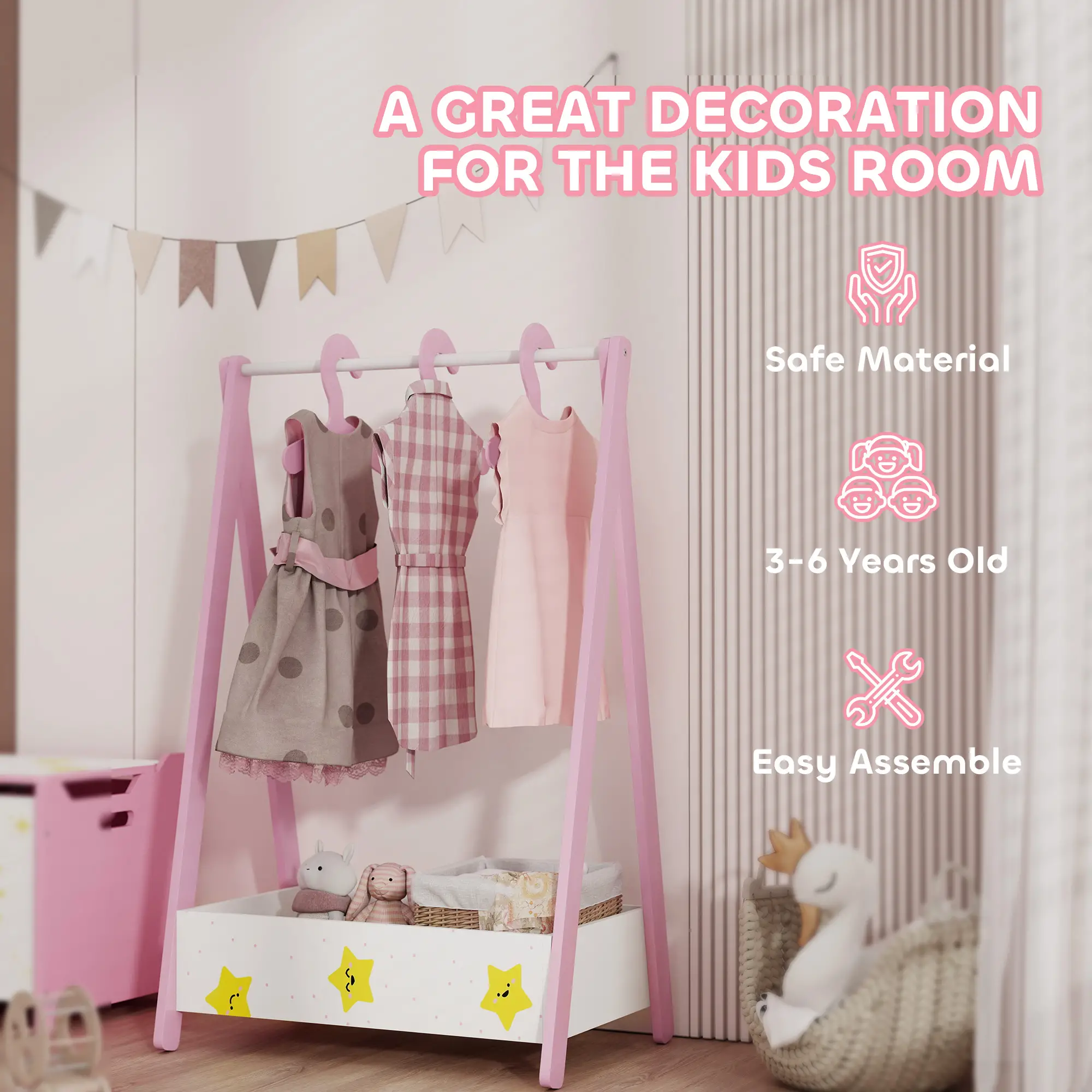 Kids Clothing Rack with Storage Shelf, Hangers, Pink - Image 7