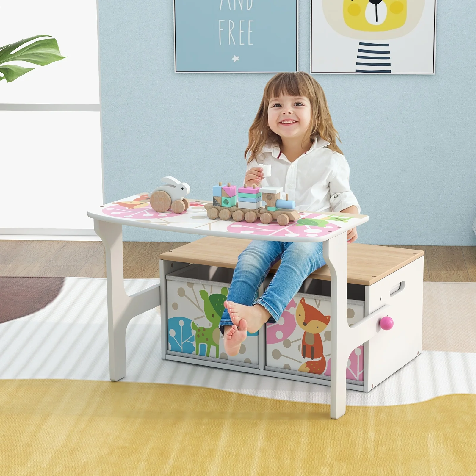 Kids Convertible Activity Bench, 2 Removable Fabric Bins, White - Image 3