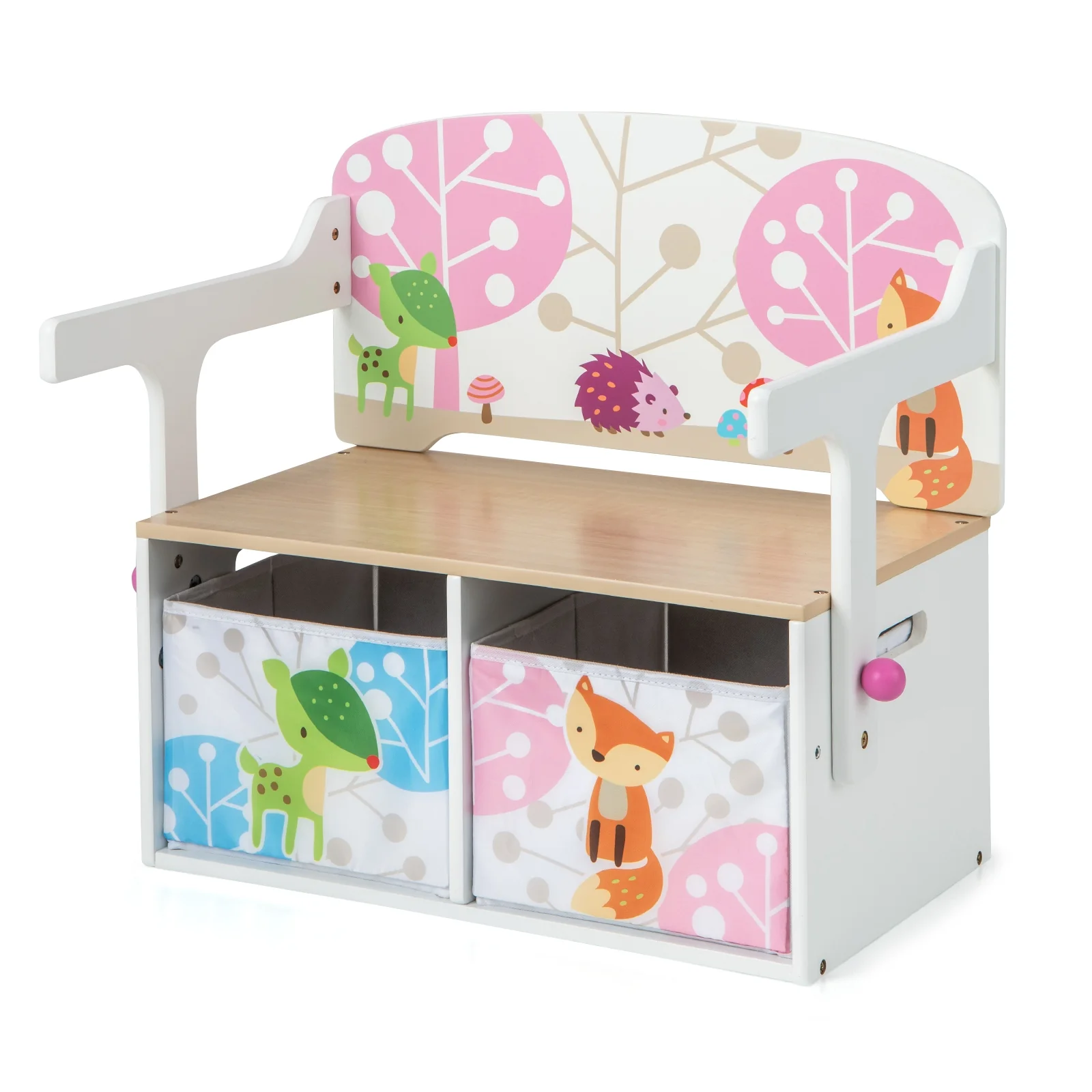 Kids Convertible Activity Bench, 2 Removable Fabric Bins, White - Image 4